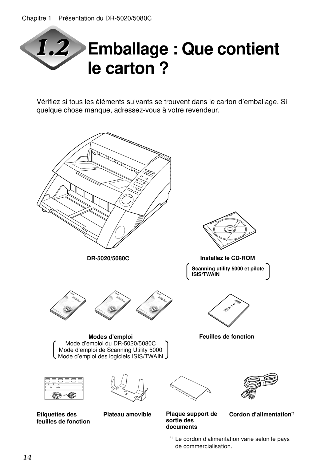 Canon DR-5080C manual Emballage Que contient le carton ?, DR-5020/5080C Modes d’emploi 