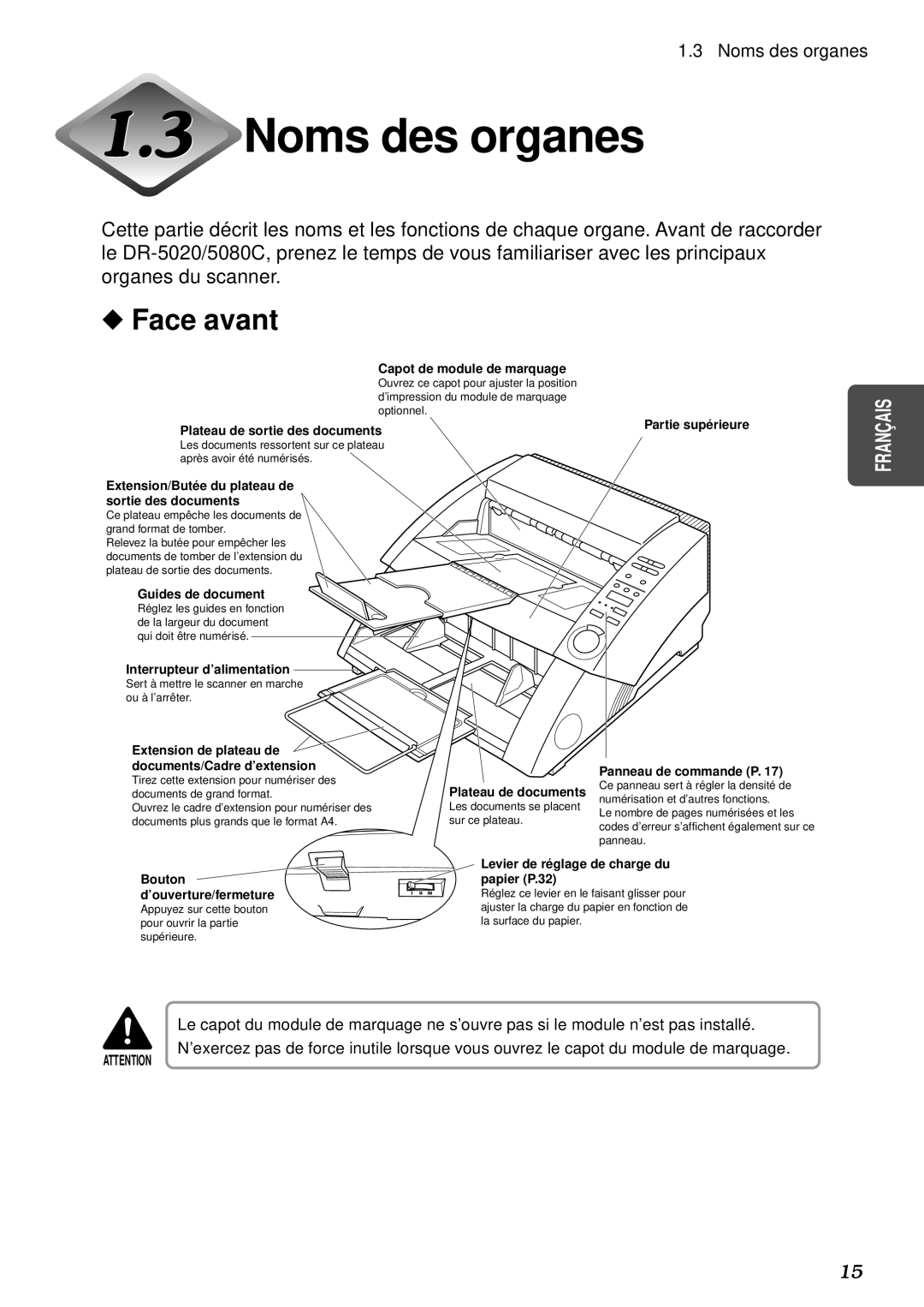 Canon DR-5080C, DR-5020 manual Noms des organes, Face avant 