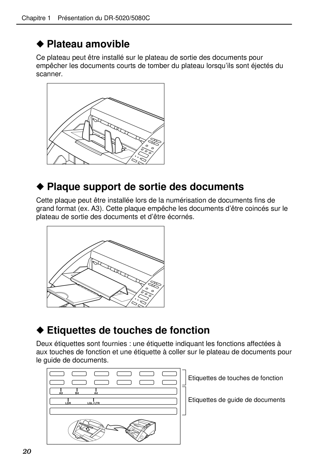 Canon DR-5020, DR-5080C manual Plateau amovible, Plaque support de sortie des documents, Etiquettes de touches de fonction 