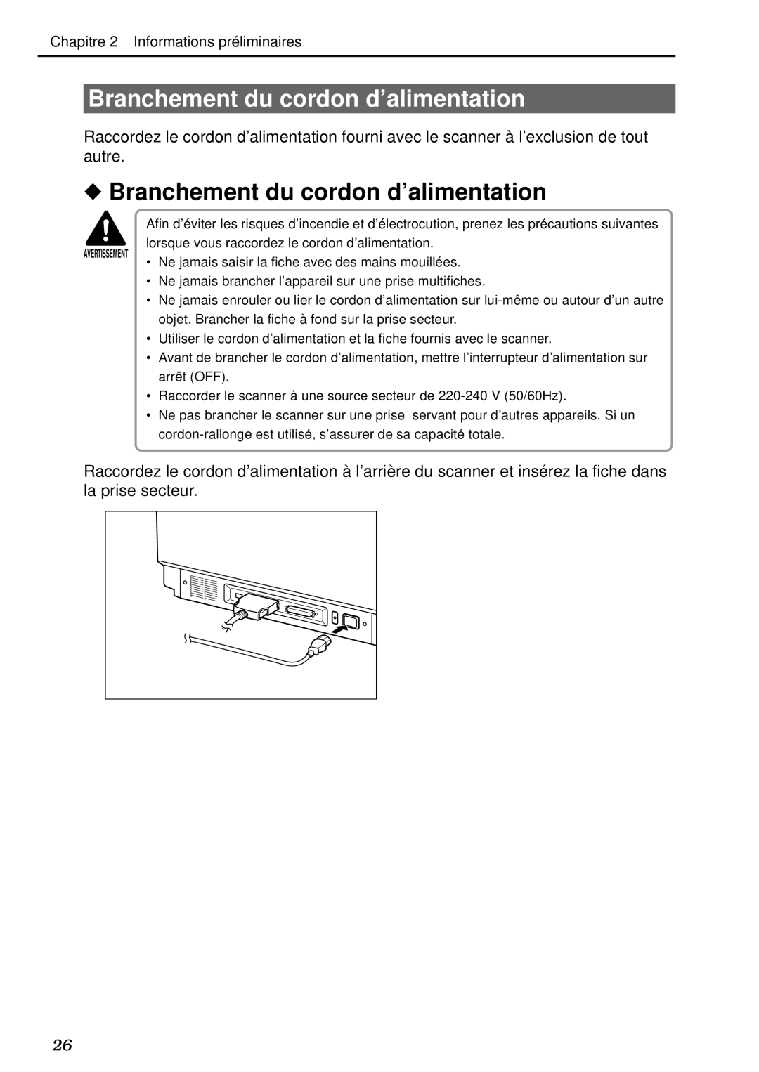 Canon DR-5020, DR-5080C manual Branchement du cordon d’alimentation 