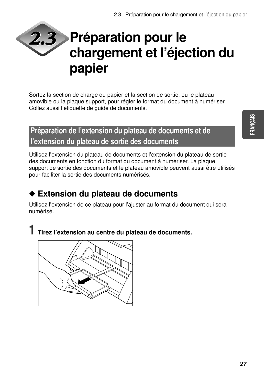 Canon DR-5080C manual Préparation pour le chargement et l’éjection du papier, ’extension du plateau de sortie des documents 