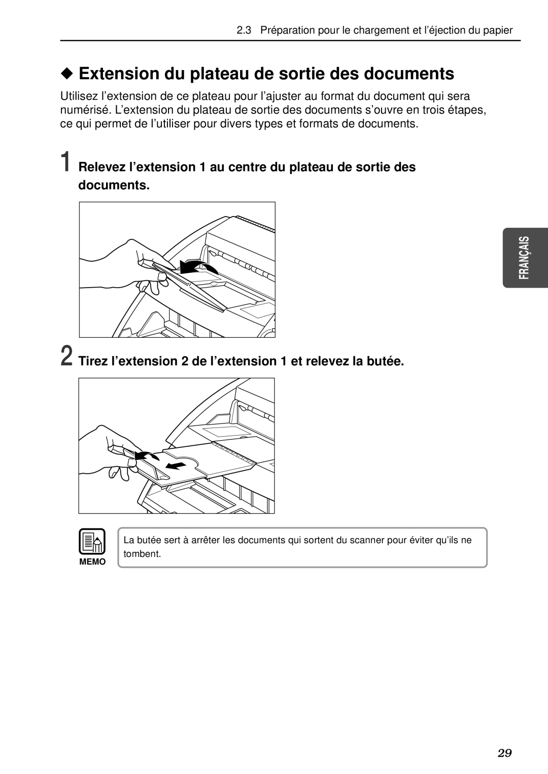 Canon DR-5080C, DR-5020 manual Extension du plateau de sortie des documents 