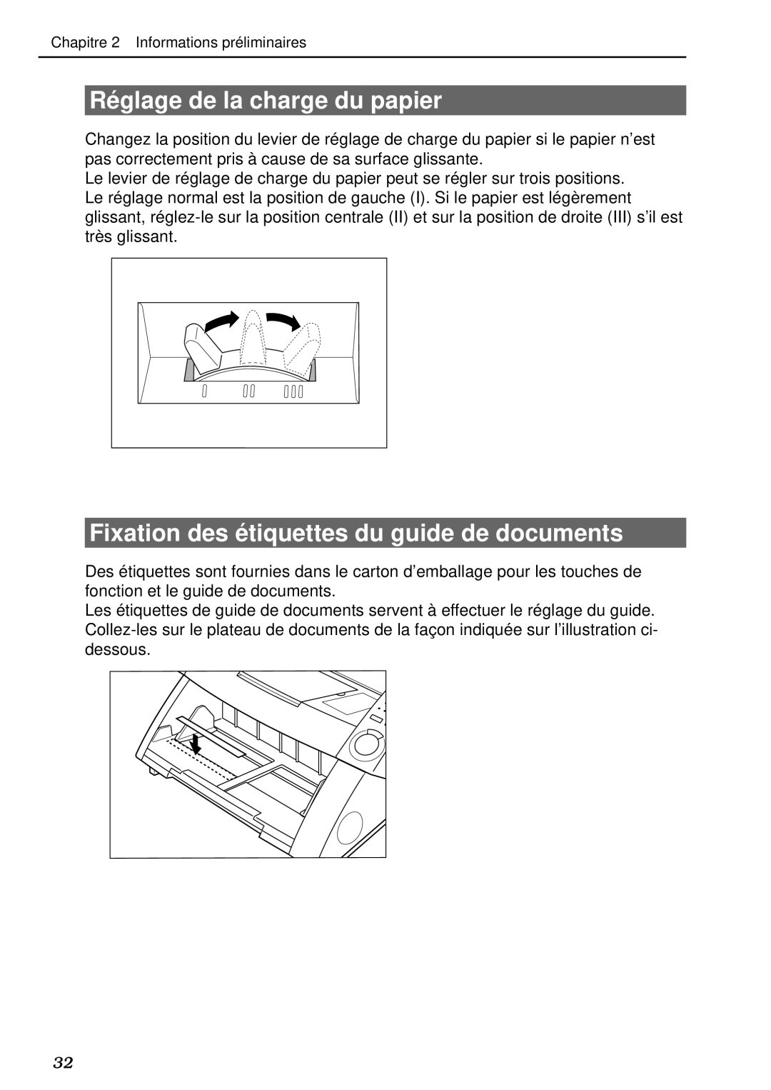 Canon DR-5020, DR-5080C manual Ré glage de la charge du papier, Fixation des é tiquettes du guide de documents 