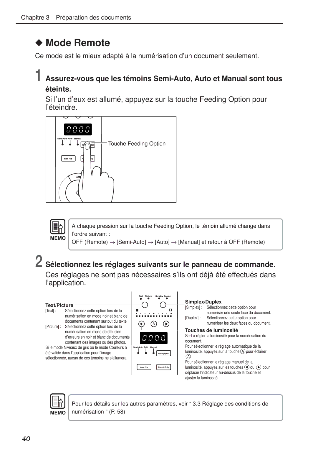 Canon DR-5020, DR-5080C manual Mode Remote, Touches de luminosité 