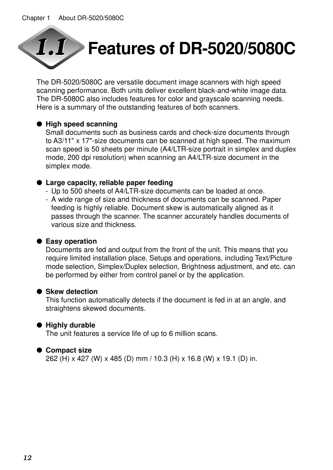 Canon DR-5080C manual Features of DR-5020/5080C 