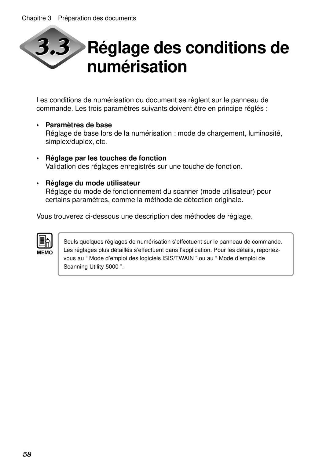 Canon DR-5020, DR-5080C Réglage des conditions de numérisation, Paramè tres de base, Ré glage par les touches de fonction 