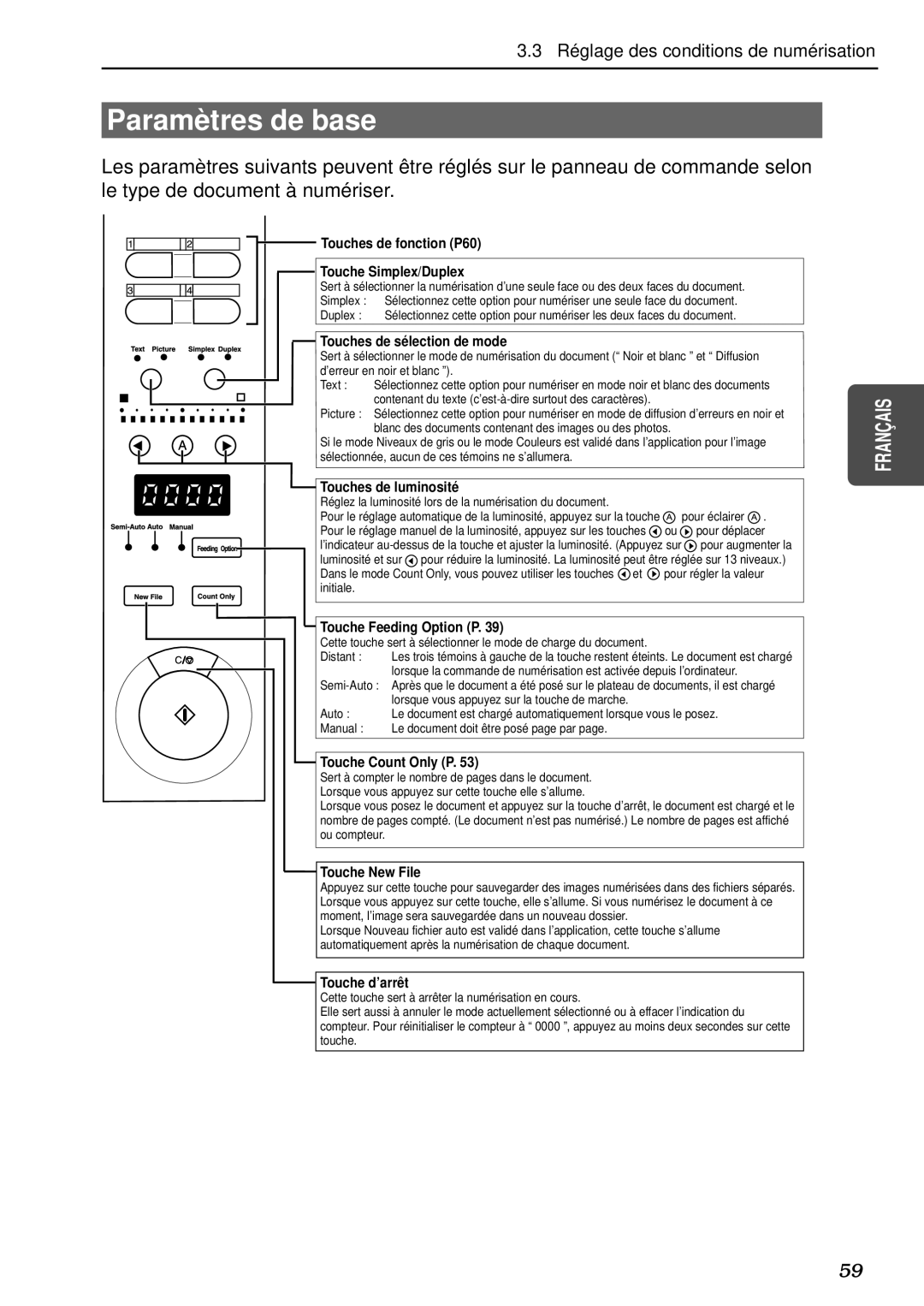 Canon DR-5080C, DR-5020 manual Paramè tres de base, Touches de fonction P60 Touche Simplex/Duplex 