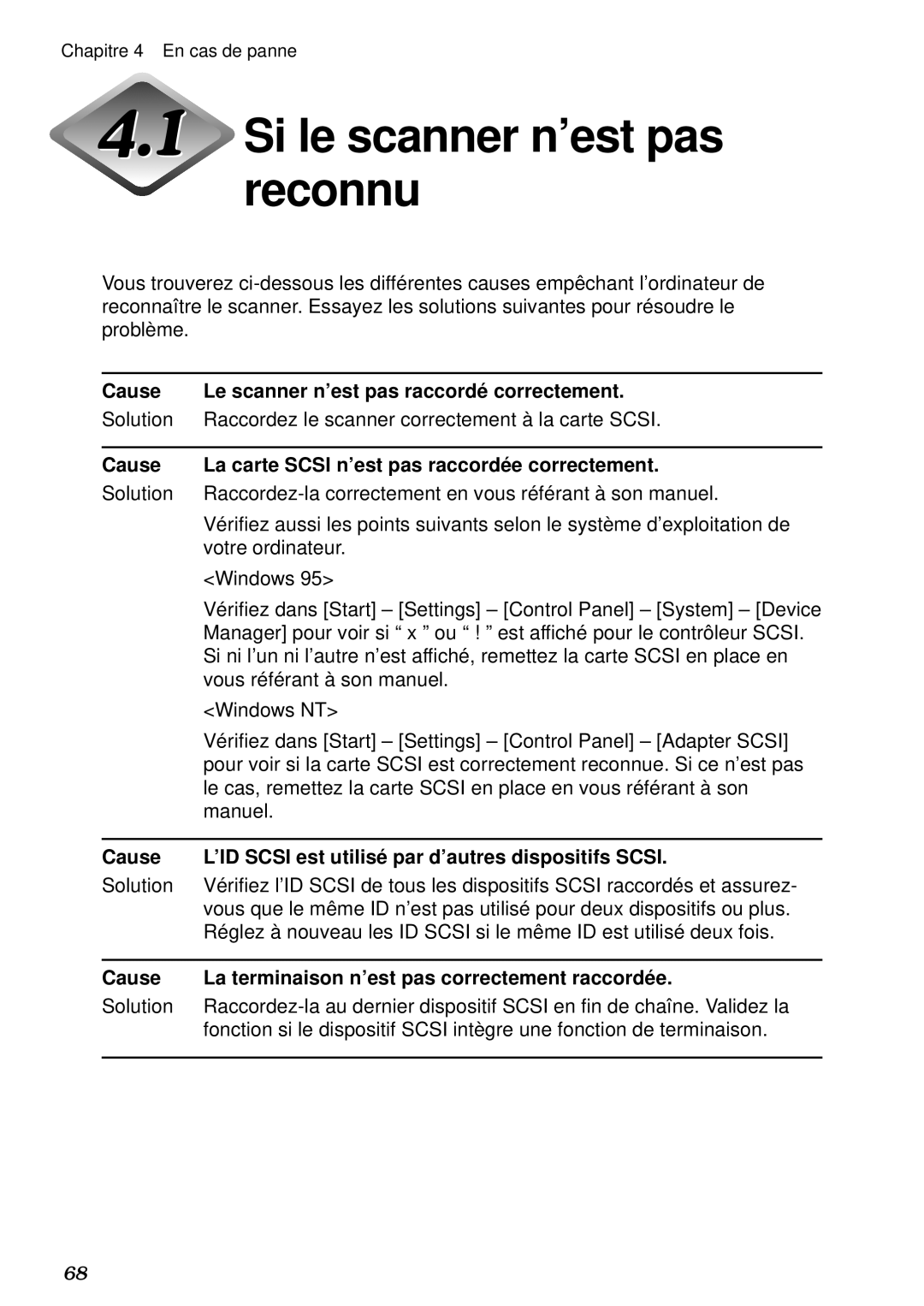 Canon DR-5020, DR-5080C manual Si le scanner n’est pas reconnu, Cause Le scanner n’est pas raccordé correctement 