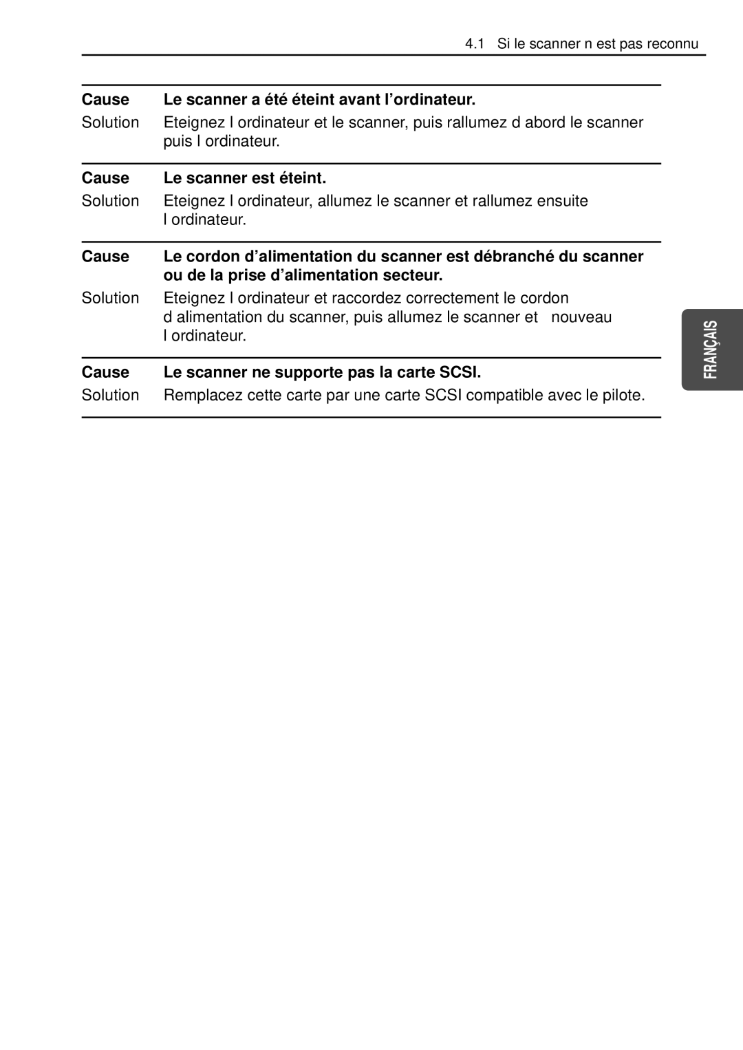 Canon DR-5080C, DR-5020 manual Cause Le scanner a é té é teint avant l’ordinateur, Cause Le scanner est é teint 