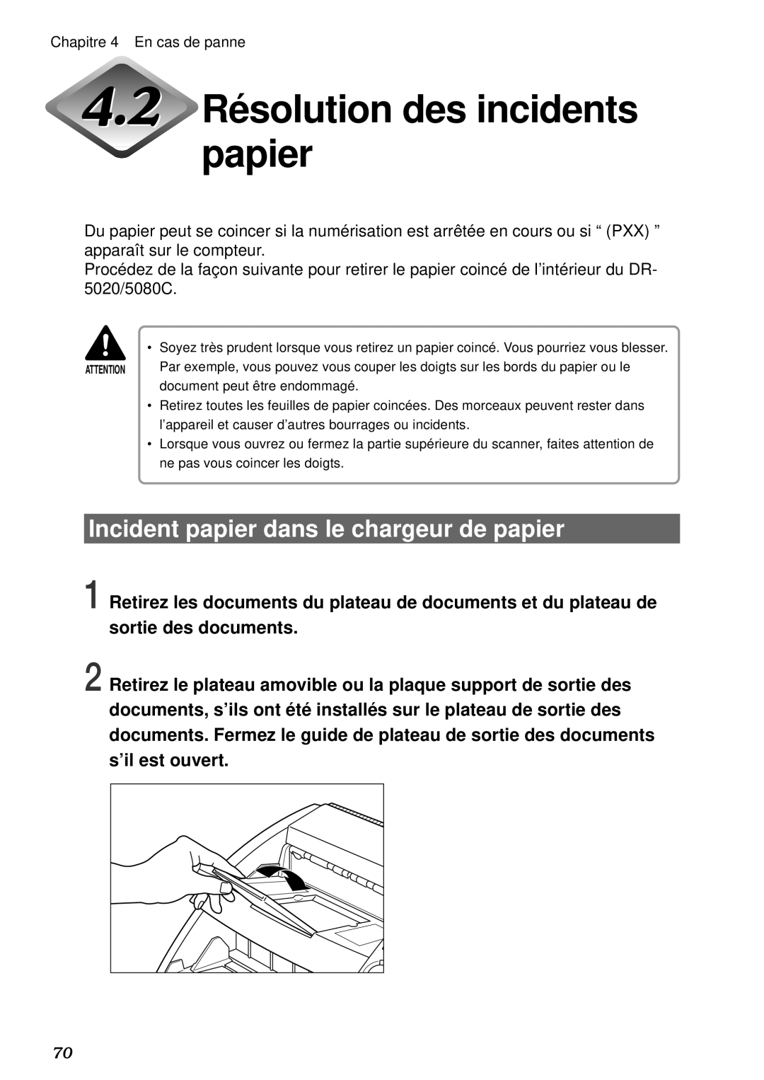 Canon DR-5020, DR-5080C manual Résolution des incidents papier, Incident papier dans le chargeur de papier 