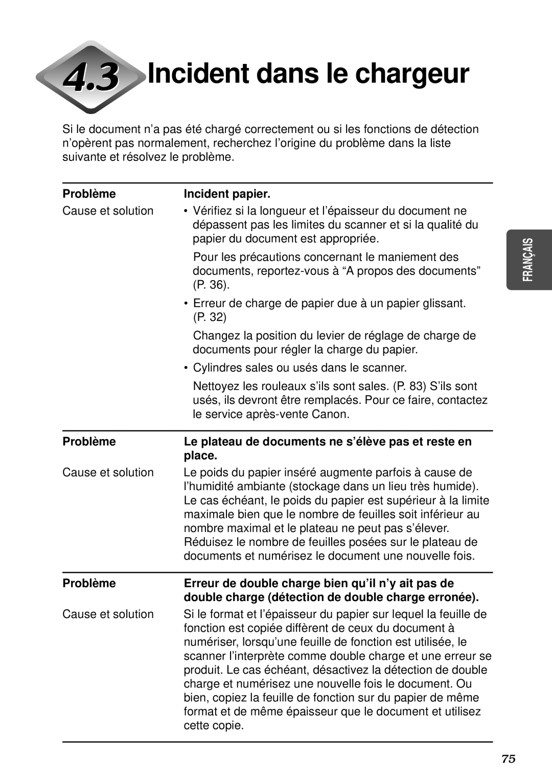 Canon DR-5080C, DR-5020 manual Incident dans le chargeur, Problè me Incident papier, Le service après-vente Canon 