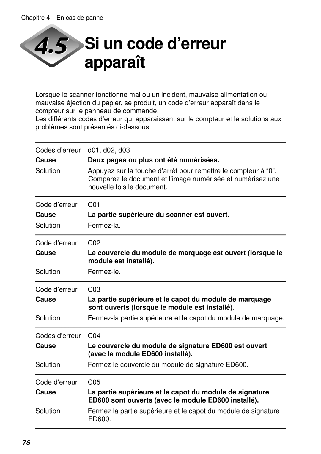 Canon DR-5020, DR-5080C manual Si un code d’erreur apparaît, Cause Deux pages ou plus ont é té numé risé es 