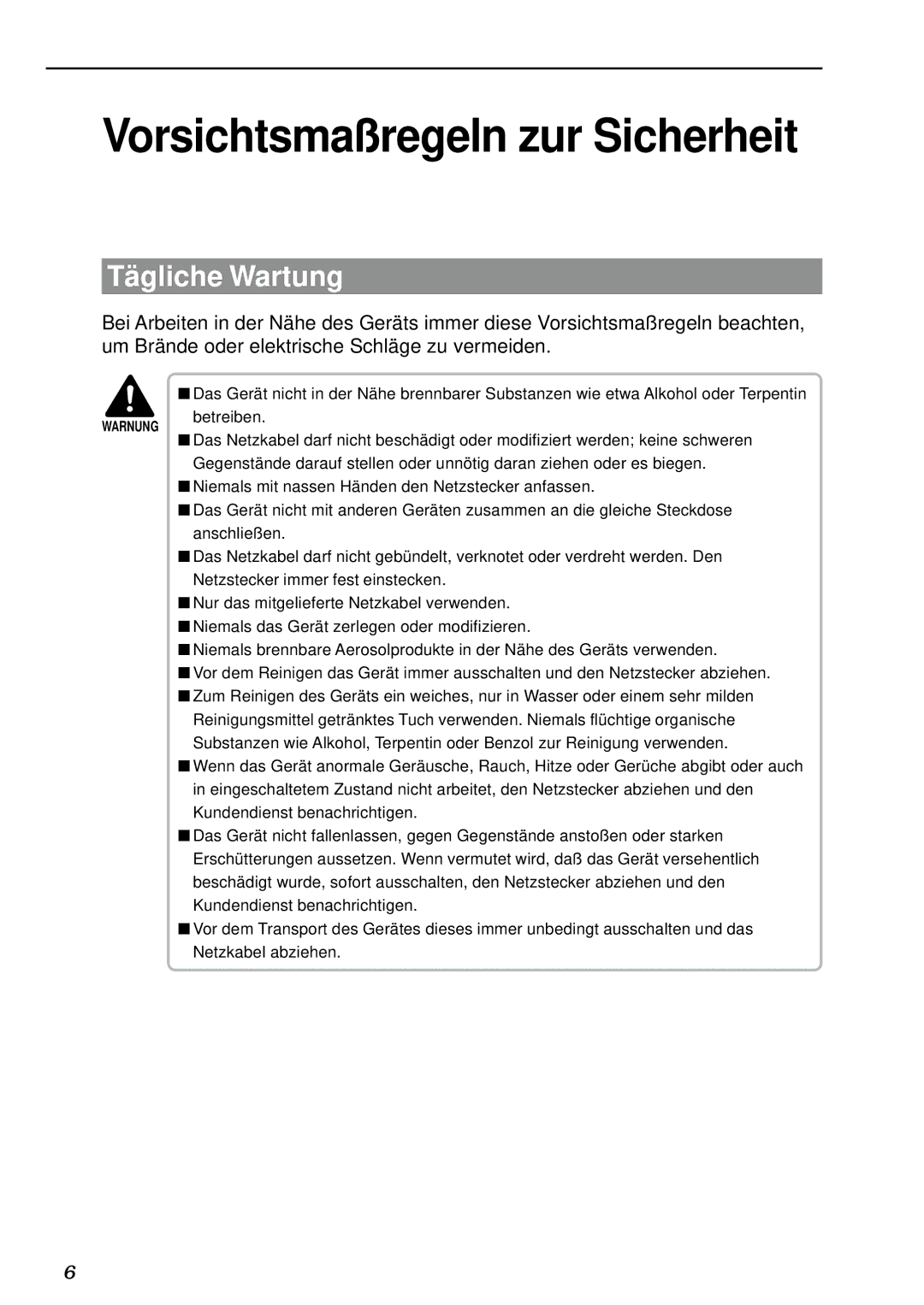 Canon DR-5020, DR-5080C manual Vorsichtsmaßregeln zur Sicherheit, Tä gliche Wartung 