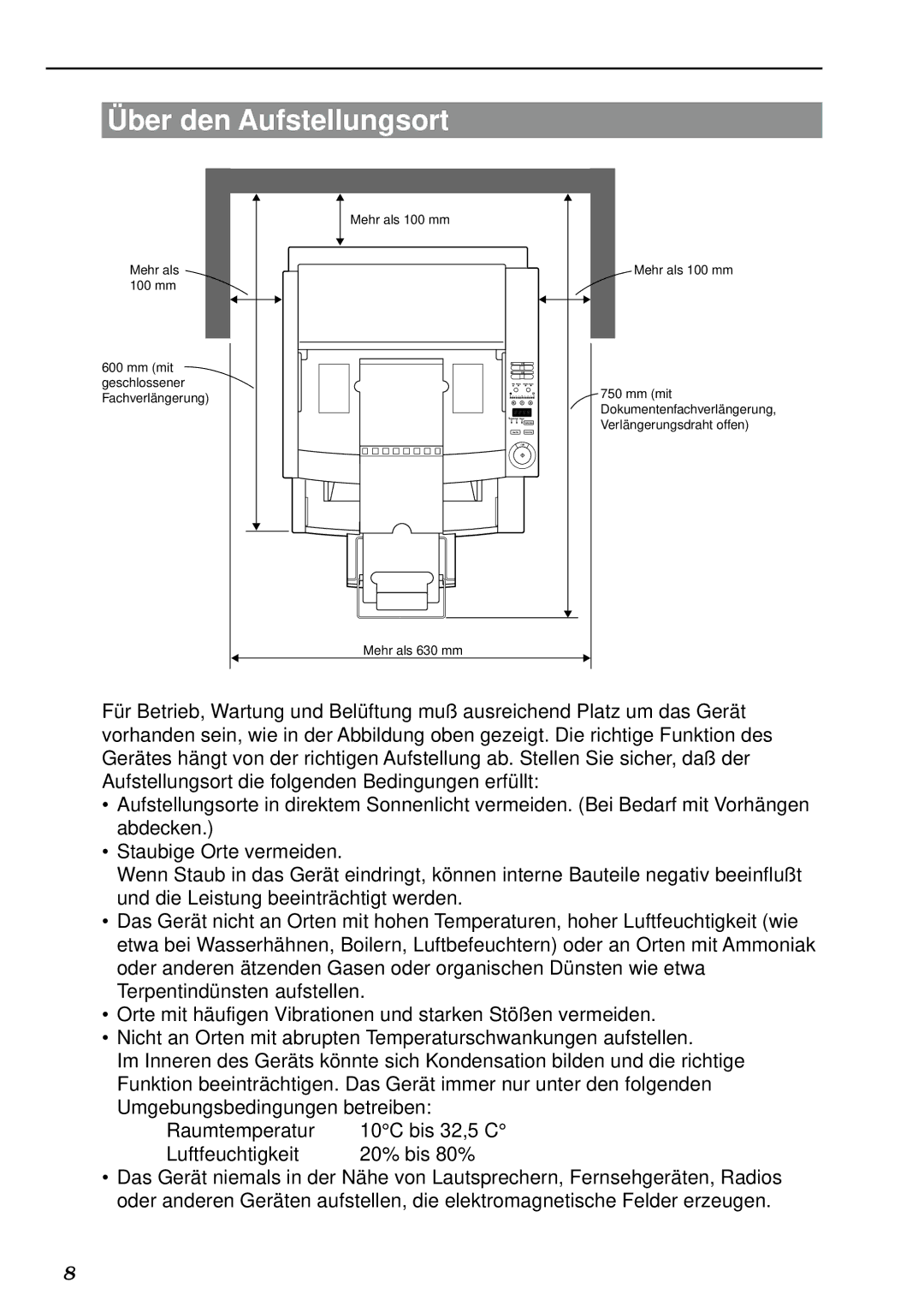 Canon DR-5020, DR-5080C manual Ber den Aufstellungsort 