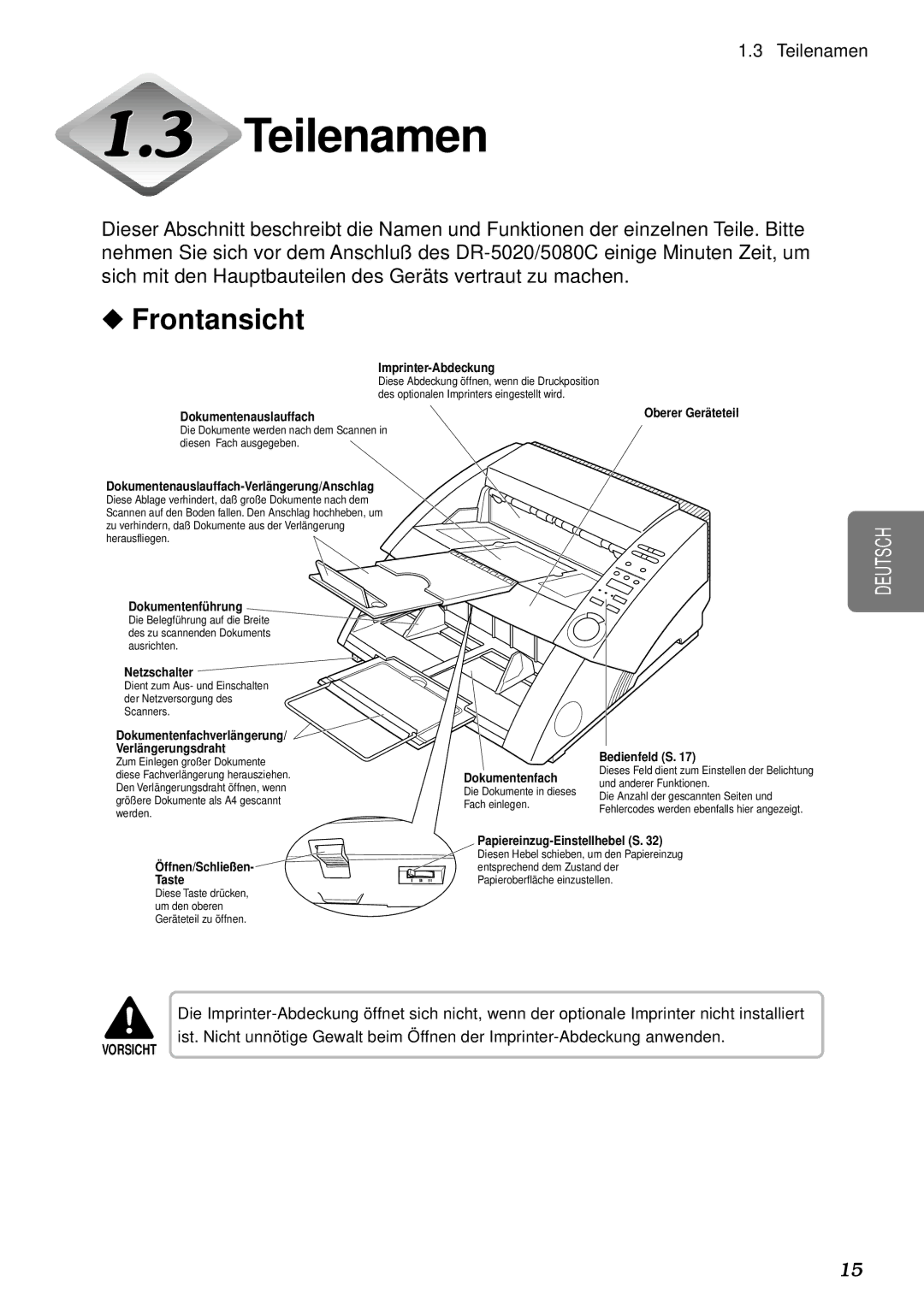 Canon DR-5080C, DR-5020 manual Teilenamen, Frontansicht 