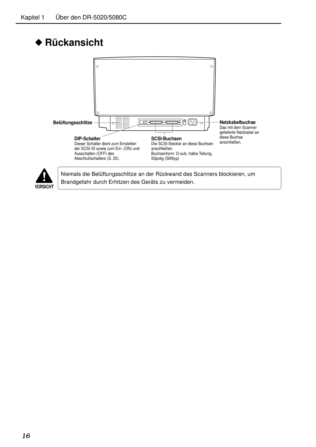 Canon DR-5020, DR-5080C manual Rü ckansicht, Belü ftungsschlitze DIP-Schalter 