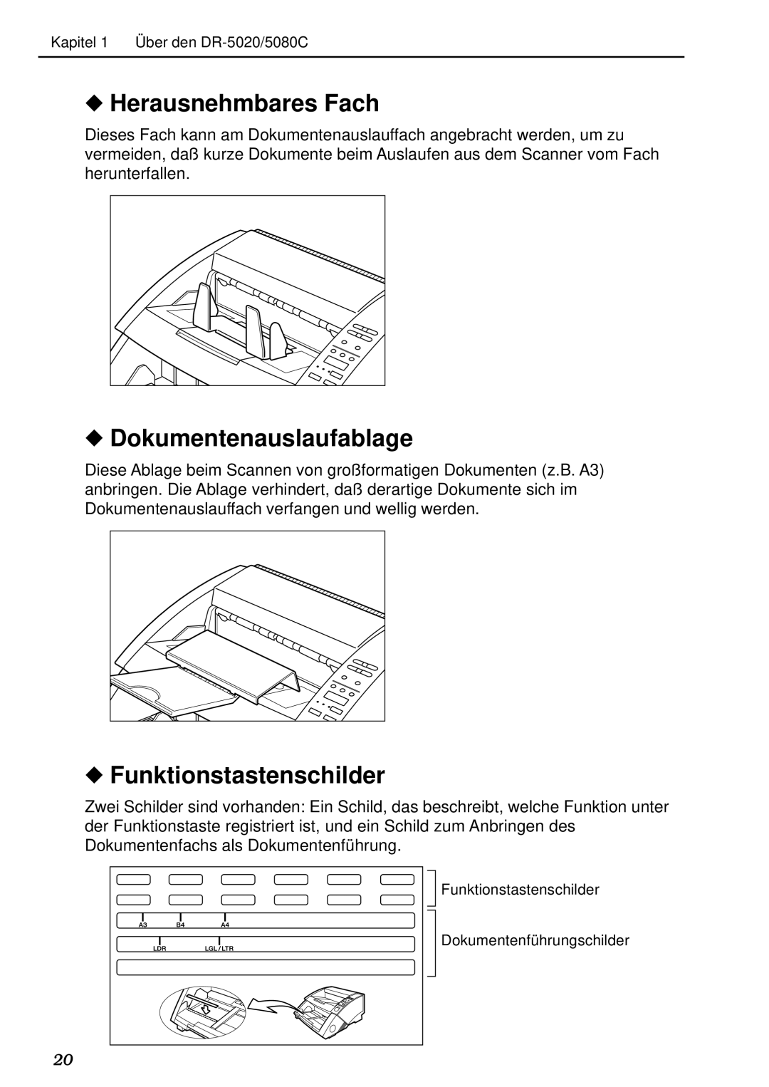 Canon DR-5020, DR-5080C manual Herausnehmbares Fach, Dokumentenauslaufablage 