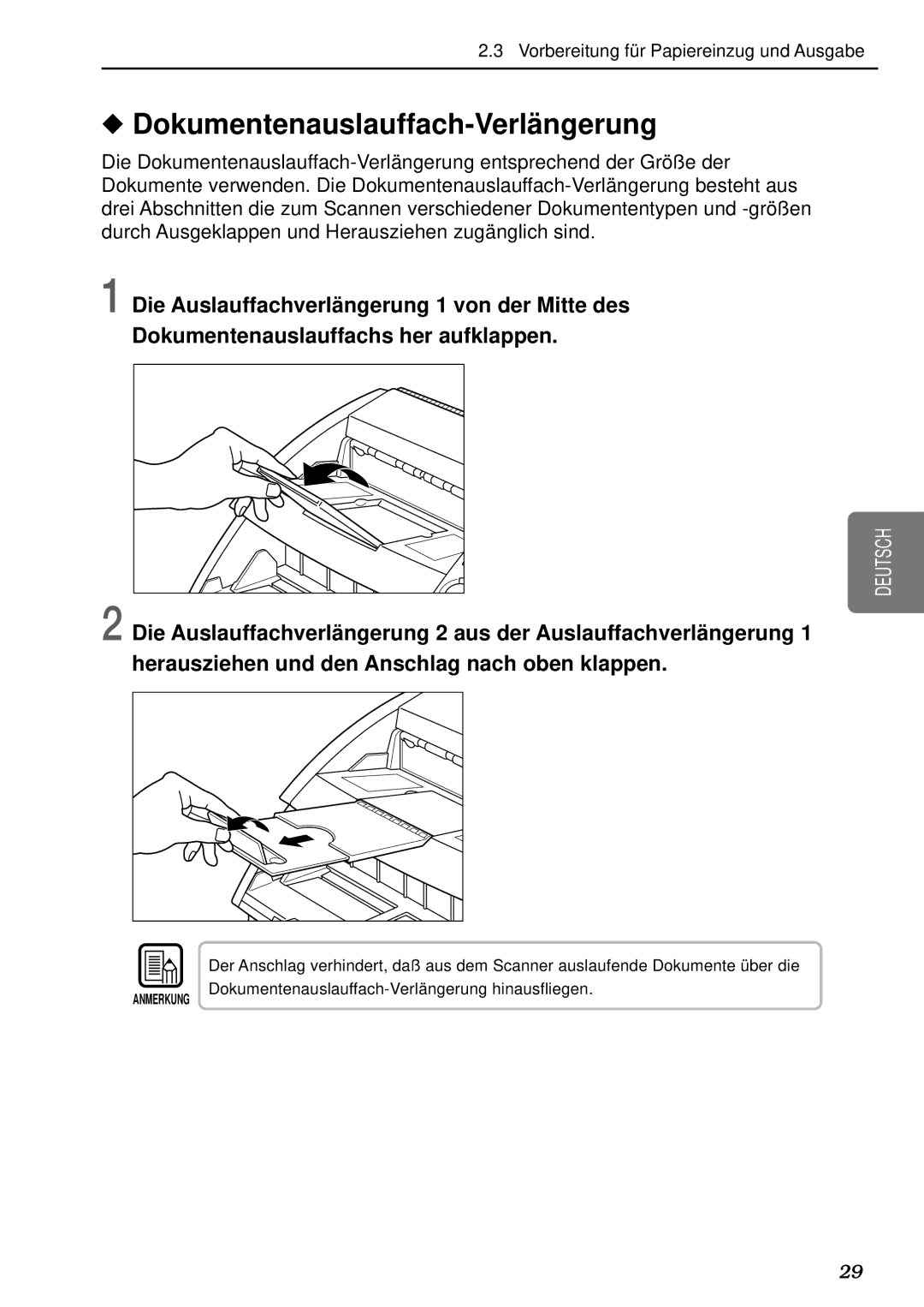 Canon DR-5080C, DR-5020 manual Dokumentenauslauffach-Verlä ngerung 