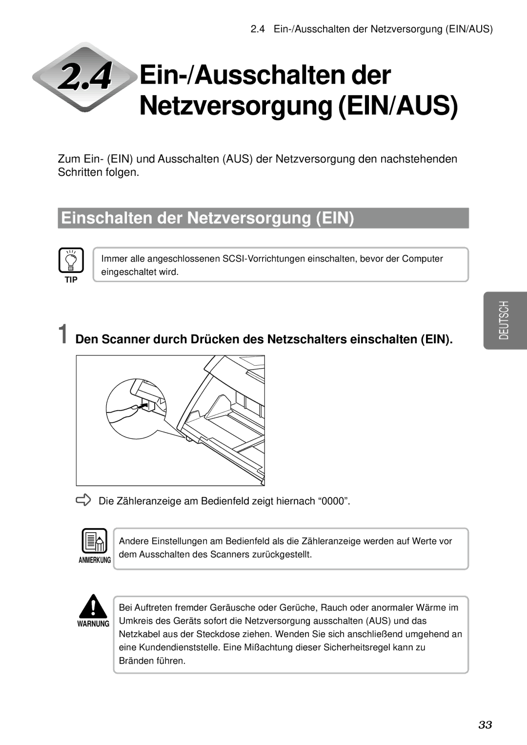 Canon DR-5080C, DR-5020 manual Ein-/Ausschalten der Netzversorgung EIN/AUS, Einschalten der Netzversorgung EIN 