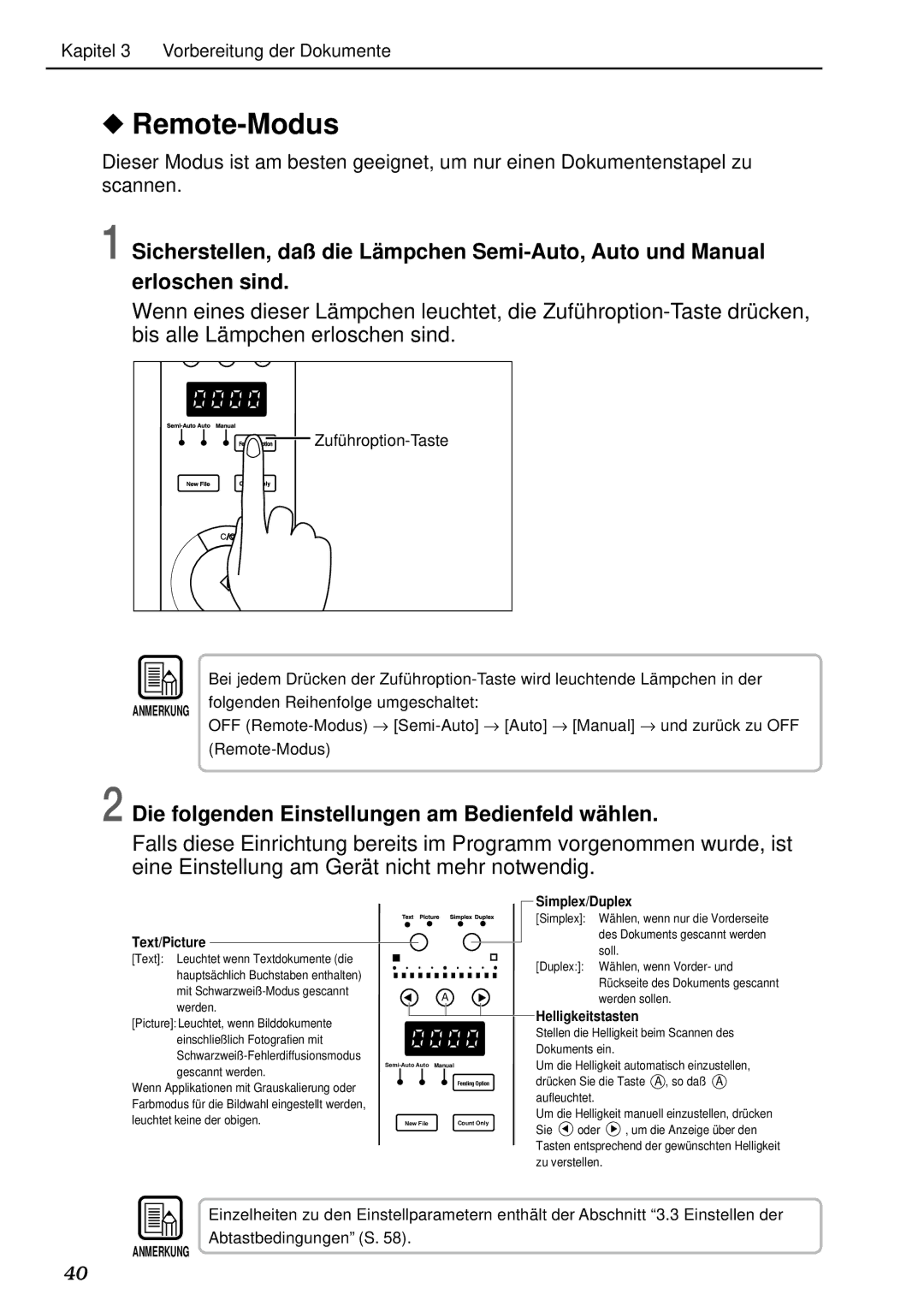 Canon DR-5020, DR-5080C manual Remote-Modus, Die folgenden Einstellungen am Bedienfeld wä hlen 