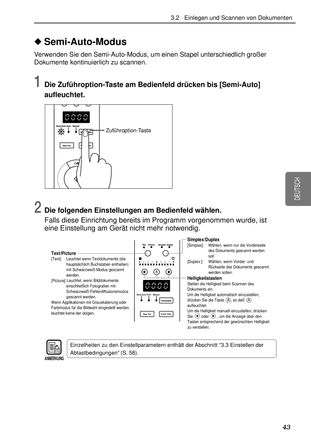 Canon DR-5080C, DR-5020 manual Semi-Auto-Modus, Die folgenden Einstellungen am Bedienfeld wä hlen 