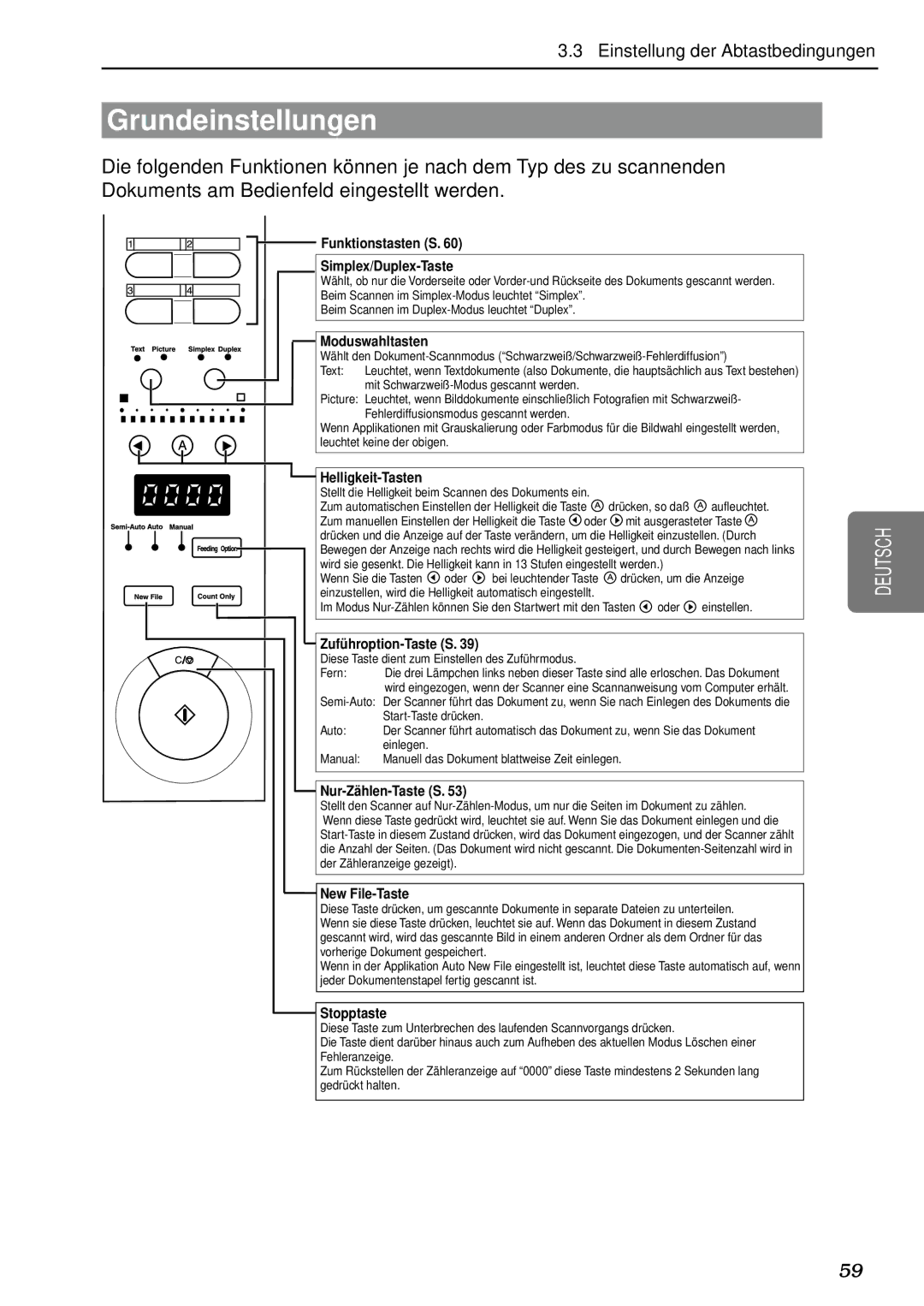 Canon DR-5080C, DR-5020 manual Grundeinstellungen, Funktionstasten S Simplex/Duplex-Taste 