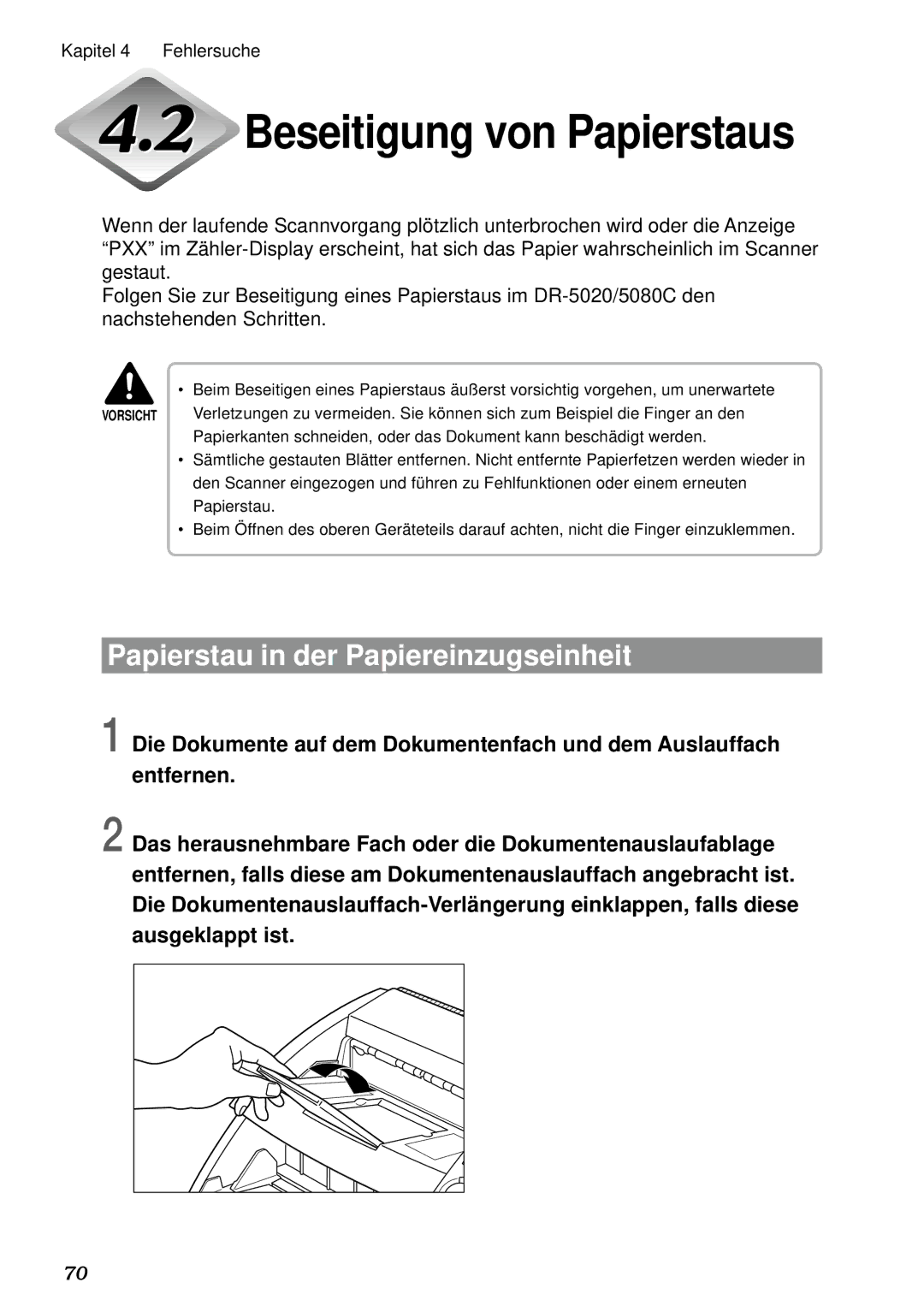 Canon DR-5020, DR-5080C manual Beseitigung von Papierstaus, Papierstau in der Papiereinzugseinheit 