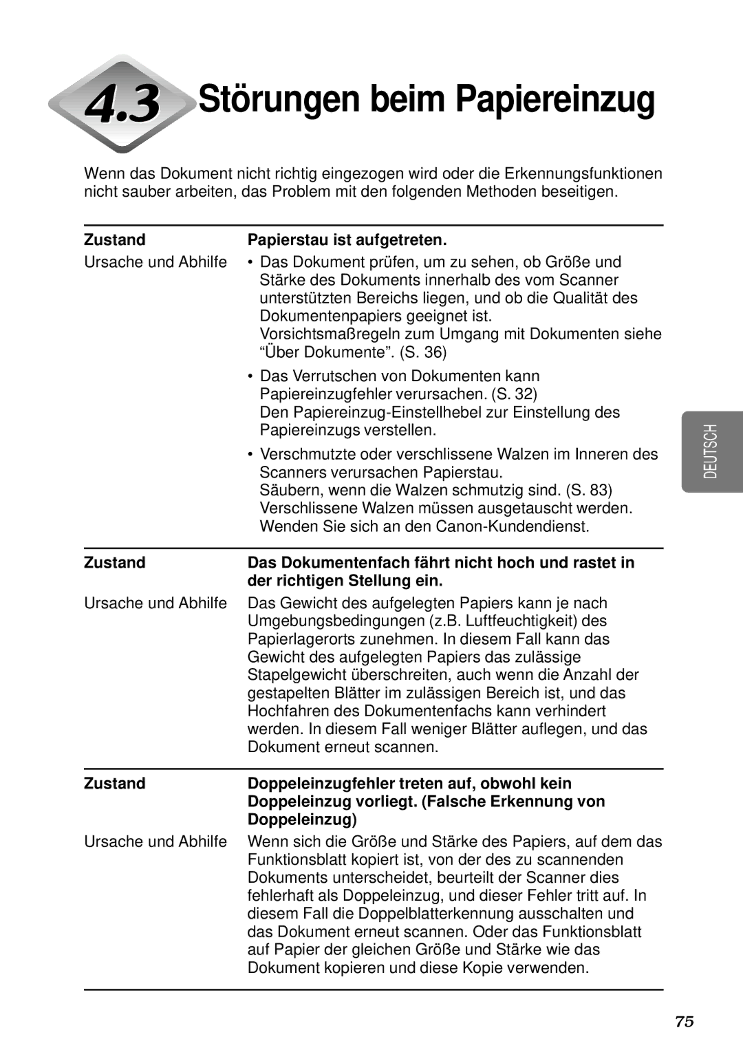 Canon DR-5080C, DR-5020 manual Zustand Papierstau ist aufgetreten 