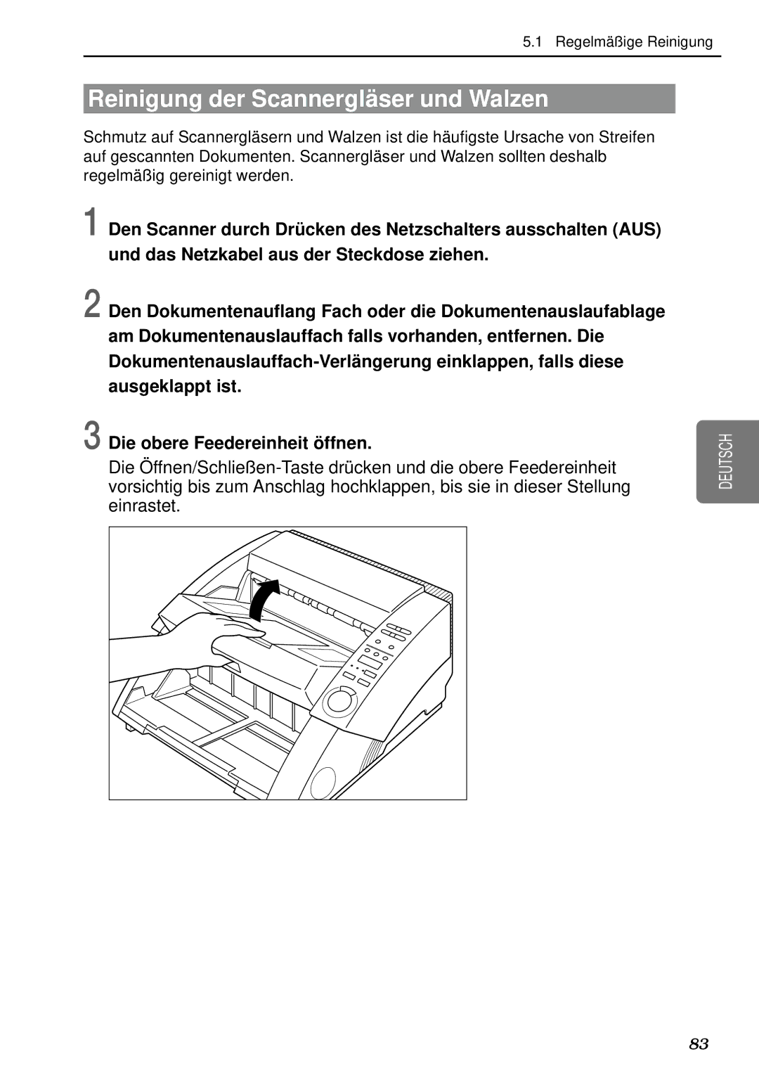 Canon DR-5080C, DR-5020 manual Reinigung der Scannerglä ser und Walzen 