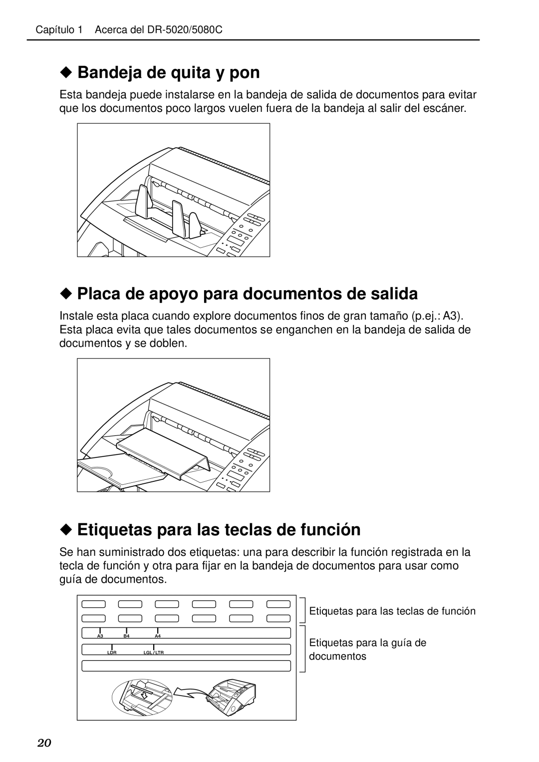 Canon DR-5020 Bandeja de quita y pon, Placa de apoyo para documentos de salida, Etiquetas para las teclas de funció n 