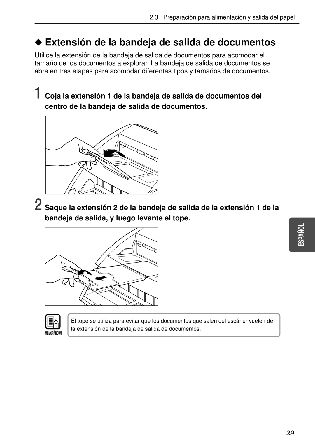 Canon DR-5080C, DR-5020 manual Extensió n de la bandeja de salida de documentos 