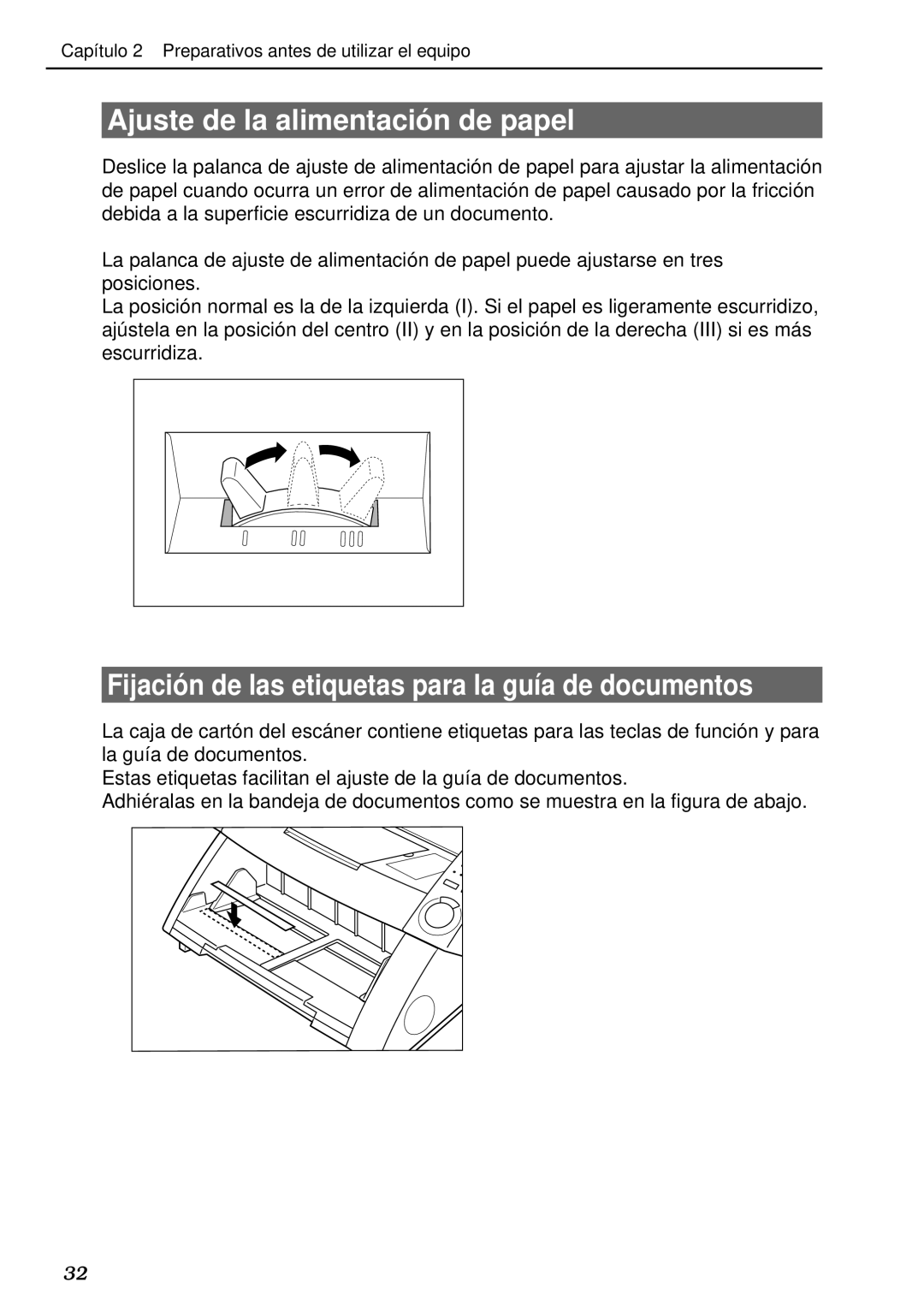 Canon DR-5020, DR-5080C manual Ajuste de la alimentació n de papel, Fijació n de las etiquetas para la guía de documentos 