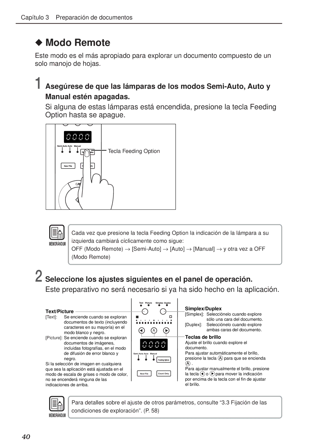 Canon DR-5020, DR-5080C manual Modo Remote, Seleccione los ajustes siguientes en el panel de operació n 