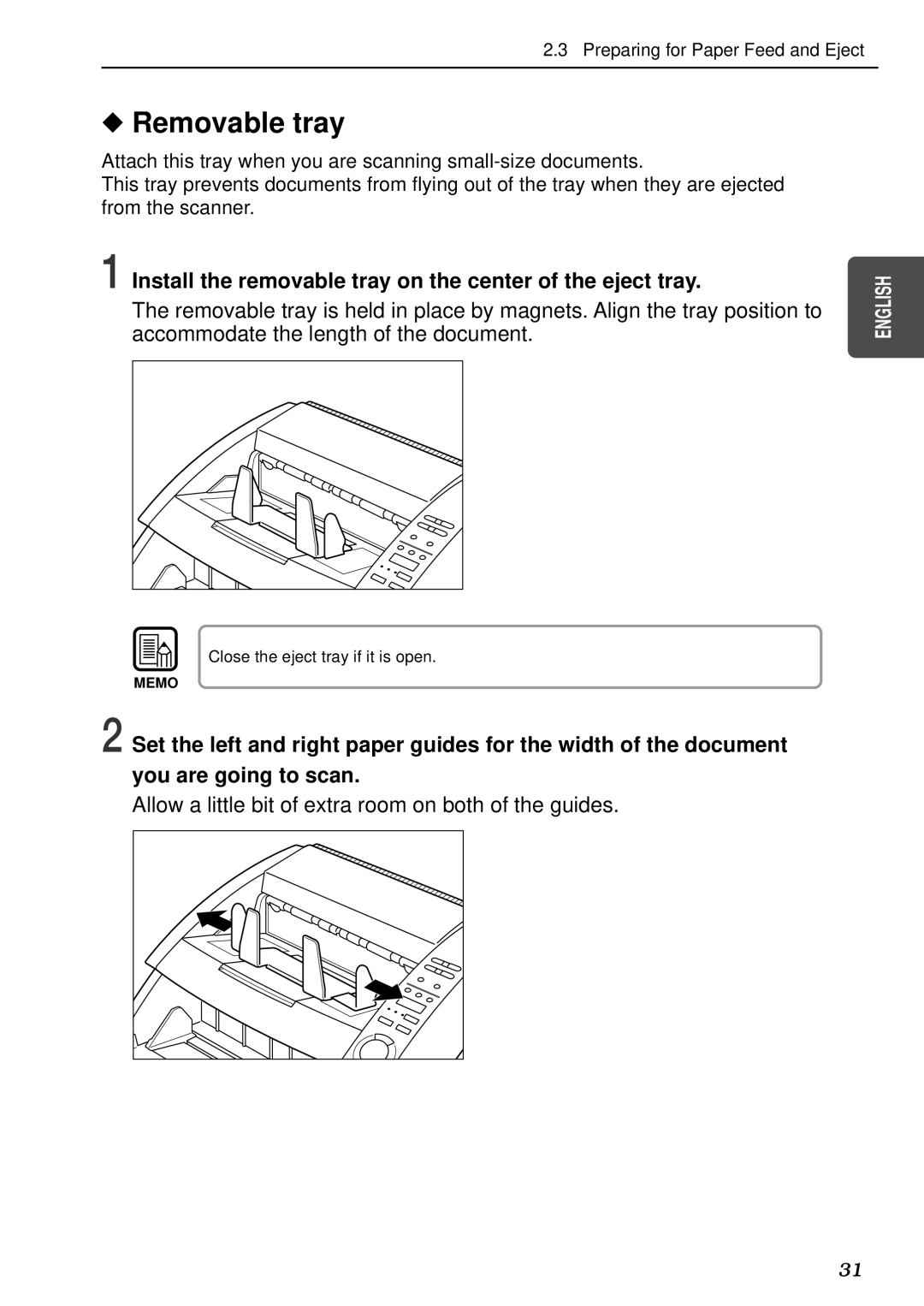 Canon DR-5080C, DR-5020 manual Removable tray, Install the removable tray on the center of the eject tray 