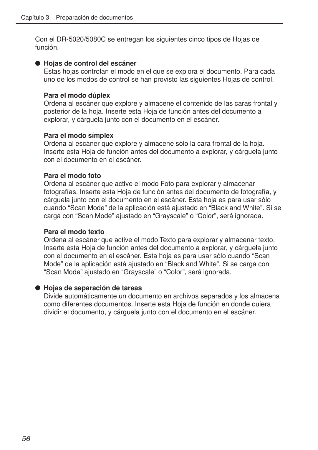 Canon DR-5020, DR-5080C manual Hojas de control del escá ner, Para el modo dú plex, Para el modo símplex, Para el modo foto 