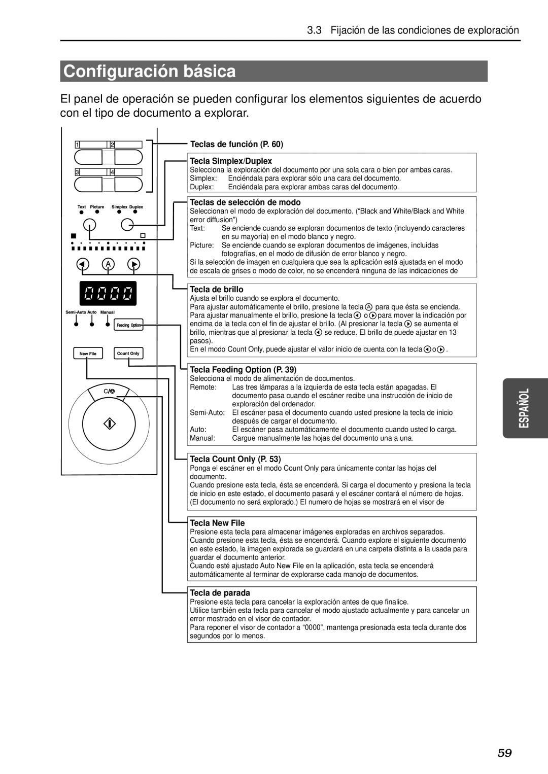 Canon DR-5080C, DR-5020 manual Configuració n bá sica, Teclas de funció n P Tecla Simplex/Duplex 