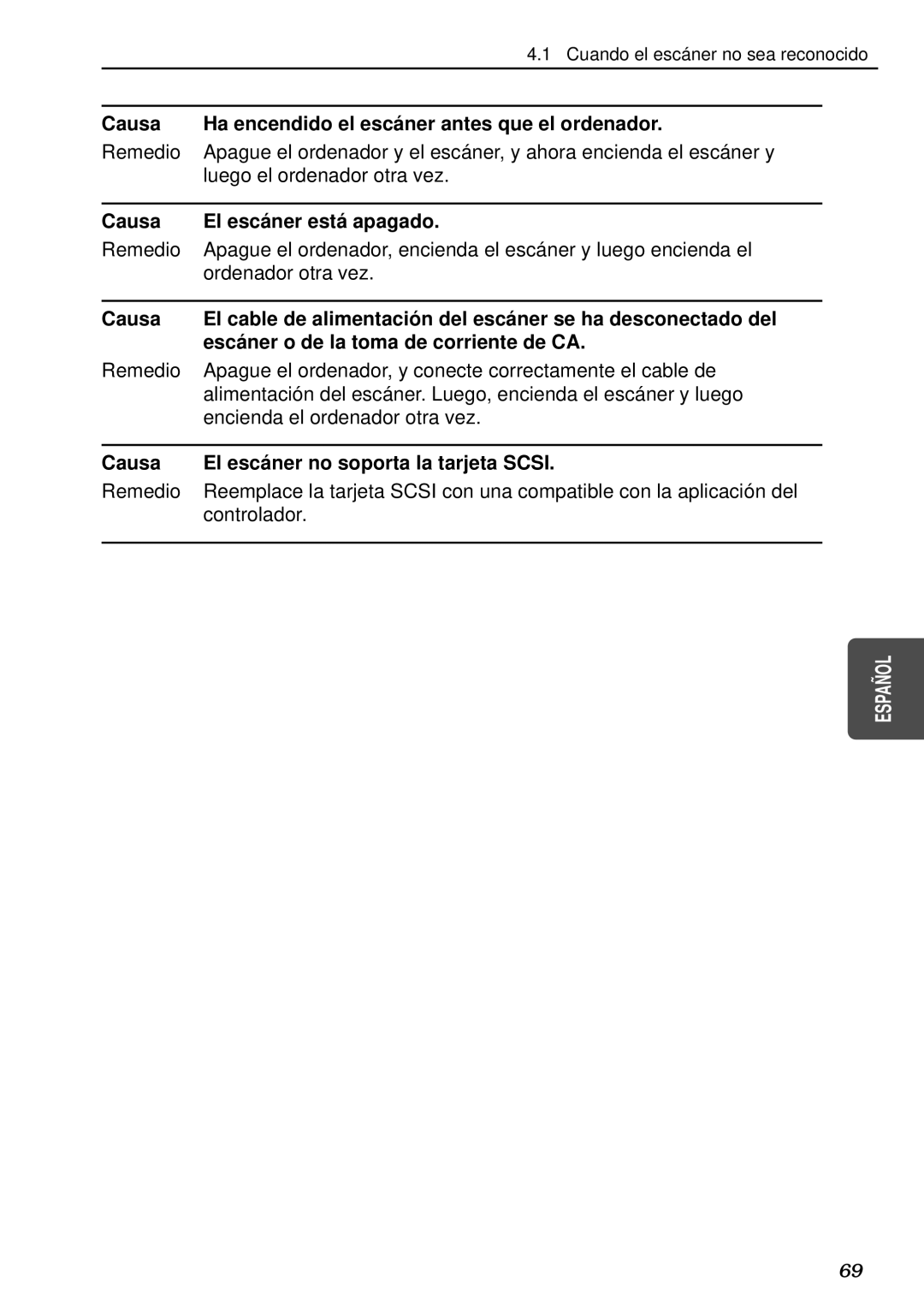 Canon DR-5080C, DR-5020 manual Causa Ha encendido el escá ner antes que el ordenador, Causa El escá ner está apagado 