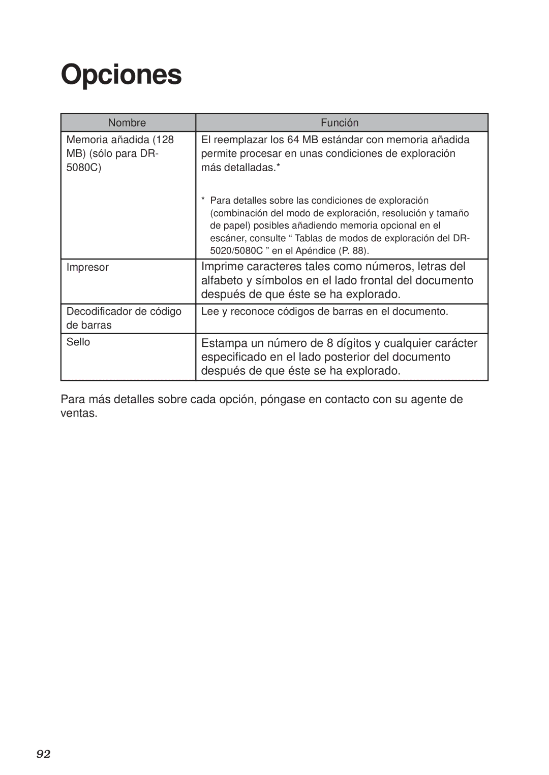 Canon DR-5020, DR-5080C manual Opciones 