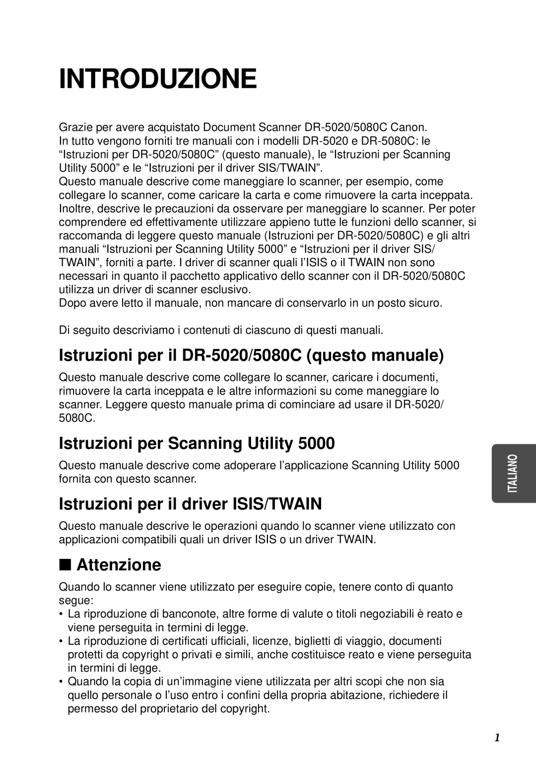 Canon DR-5080C Istruzioni per il DR-5020/5080C questo manuale, Istruzioni per Scanning Utility, Attenzione 