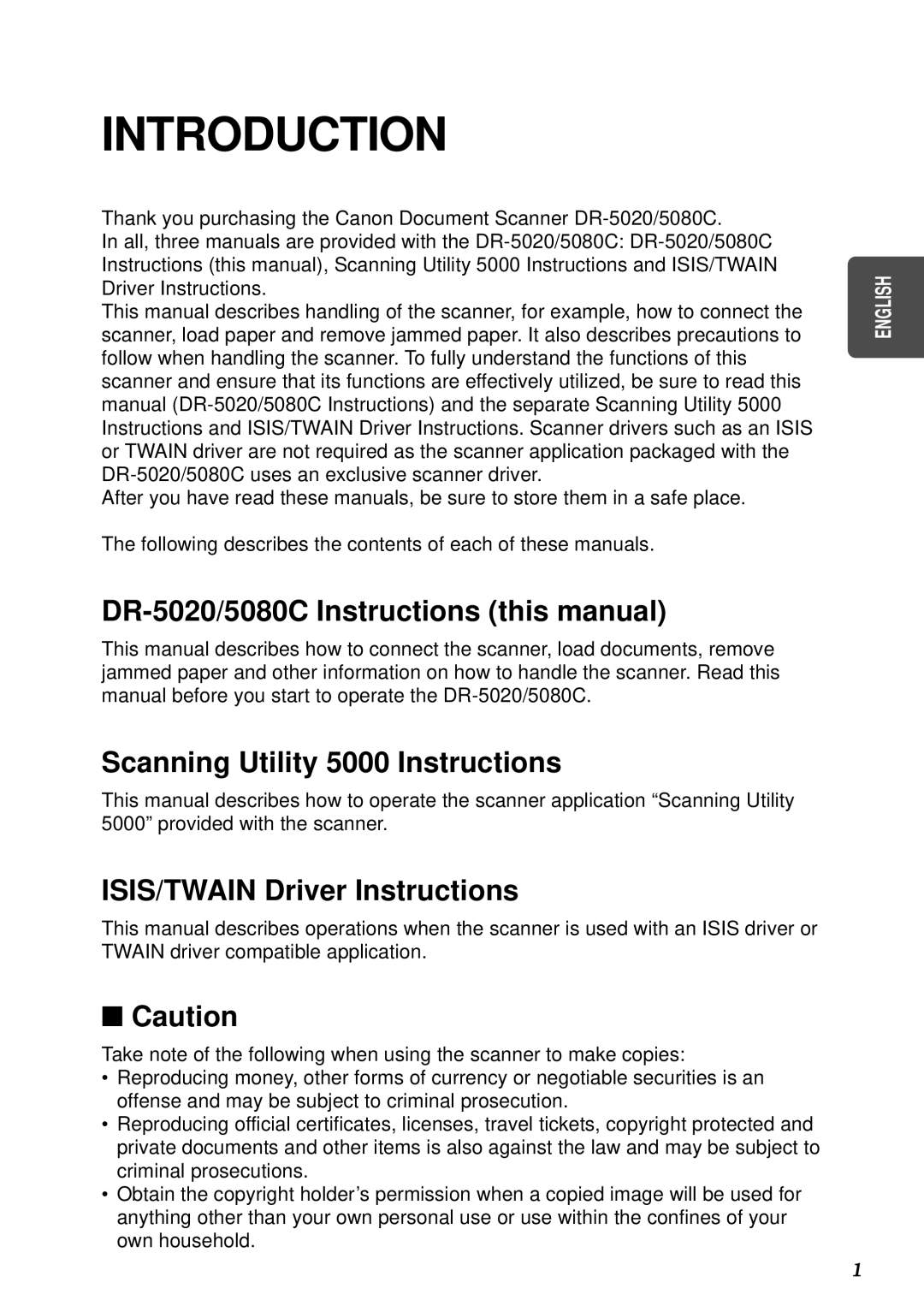 Canon DR-5080C DR-5020/5080C Instructions this manual, Scanning Utility 5000 Instructions, ISIS/TWAIN Driver Instructions 