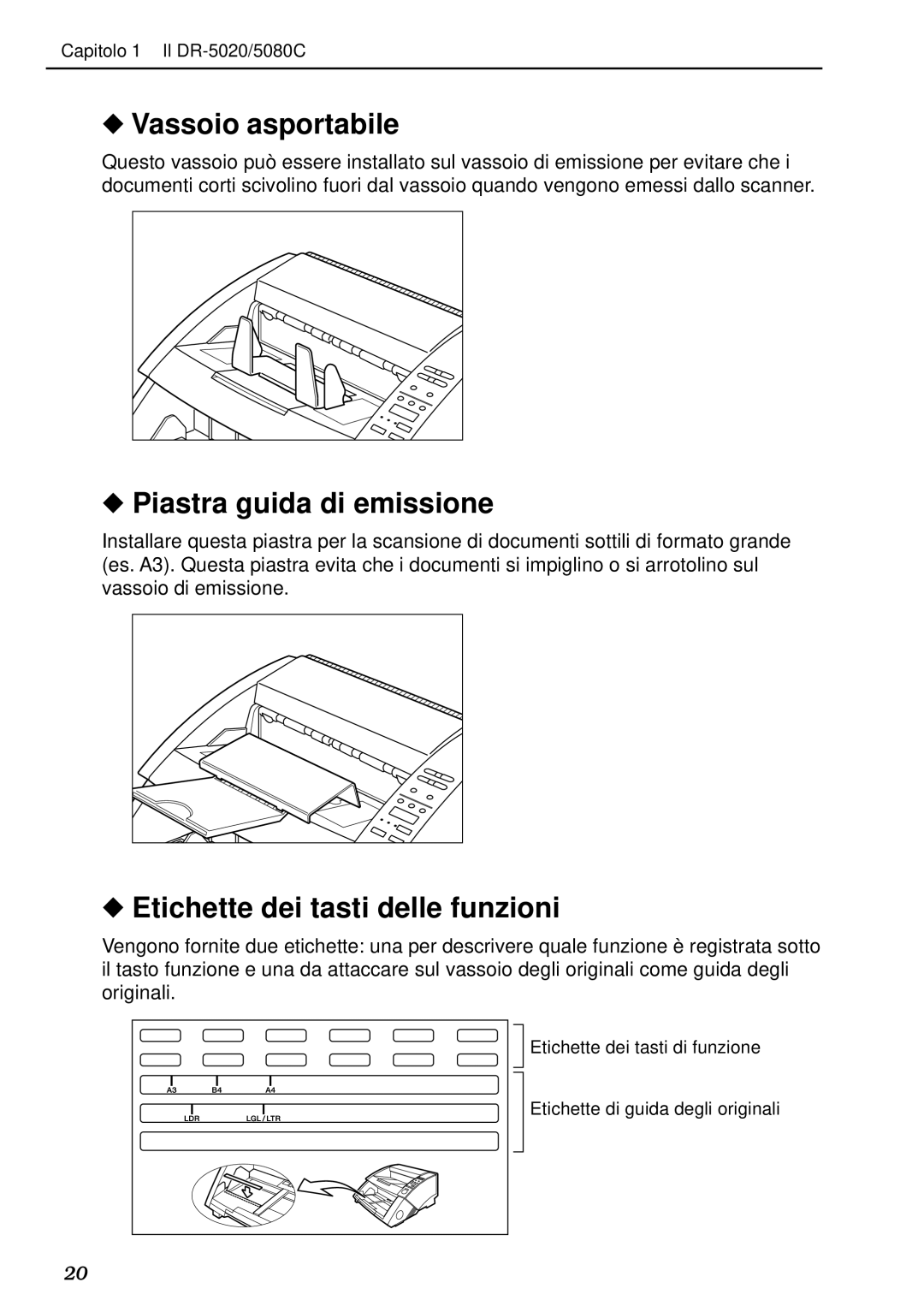 Canon DR-5020, DR-5080C manual Vassoio asportabile, Piastra guida di emissione, Etichette dei tasti delle funzioni 