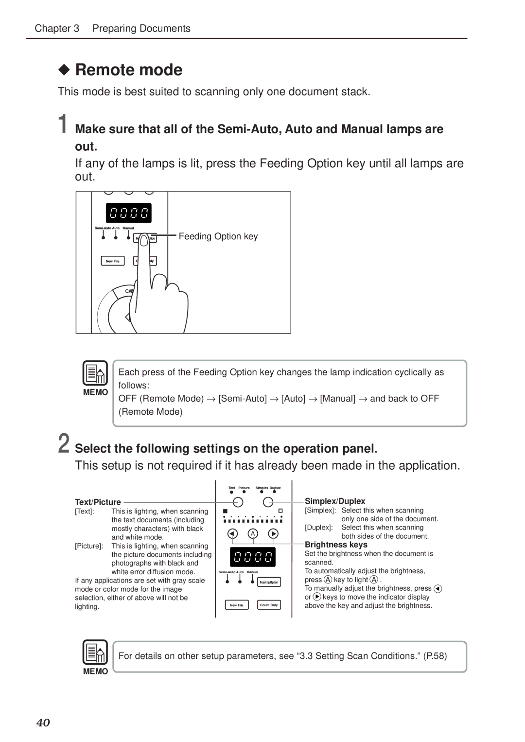 Canon DR-5020, DR-5080C manual Remote mode, Select the following settings on the operation panel 