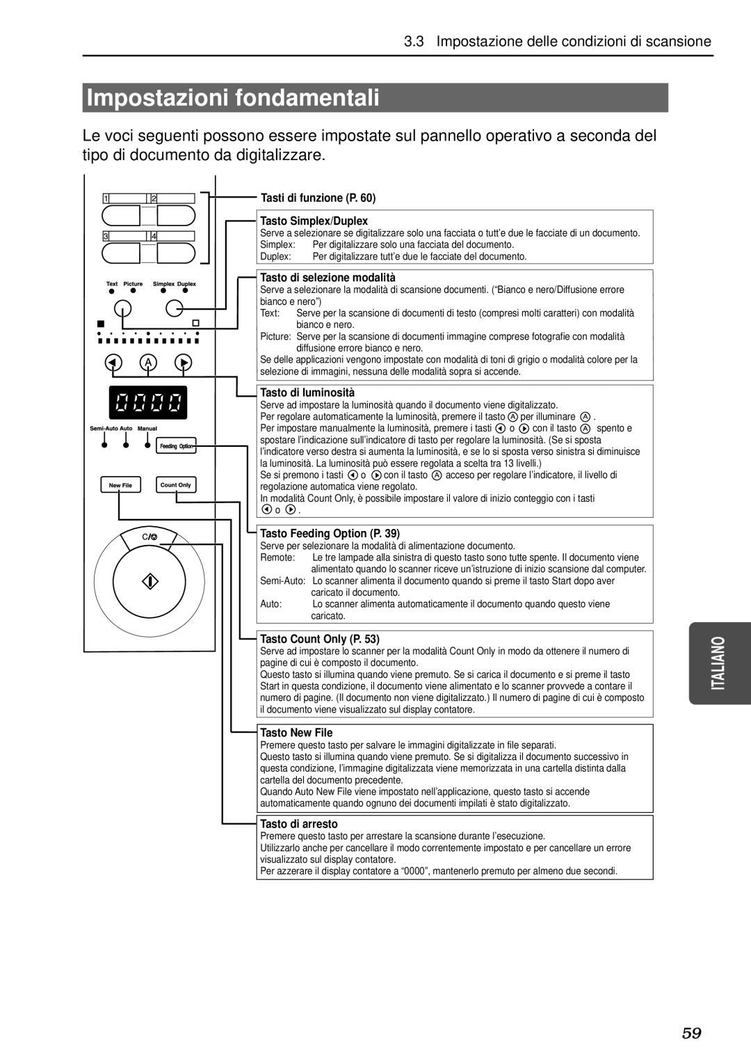 Canon DR-5080C, DR-5020 manual Impostazioni fondamentali, Tasti di funzione P Tasto Simplex/Duplex 