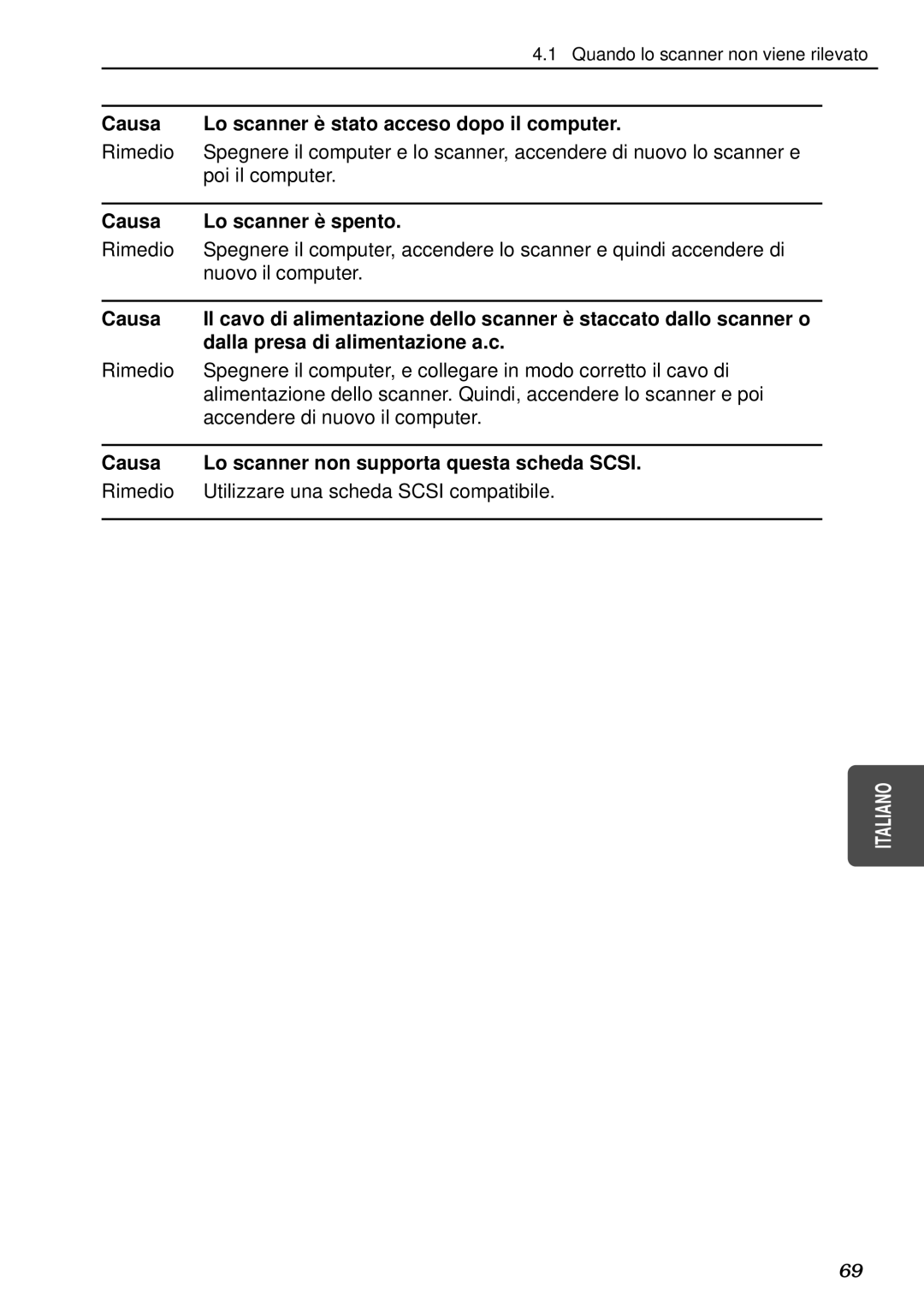 Canon DR-5080C, DR-5020 manual Causa Lo scanner è stato acceso dopo il computer, Causa Lo scanner è spento 