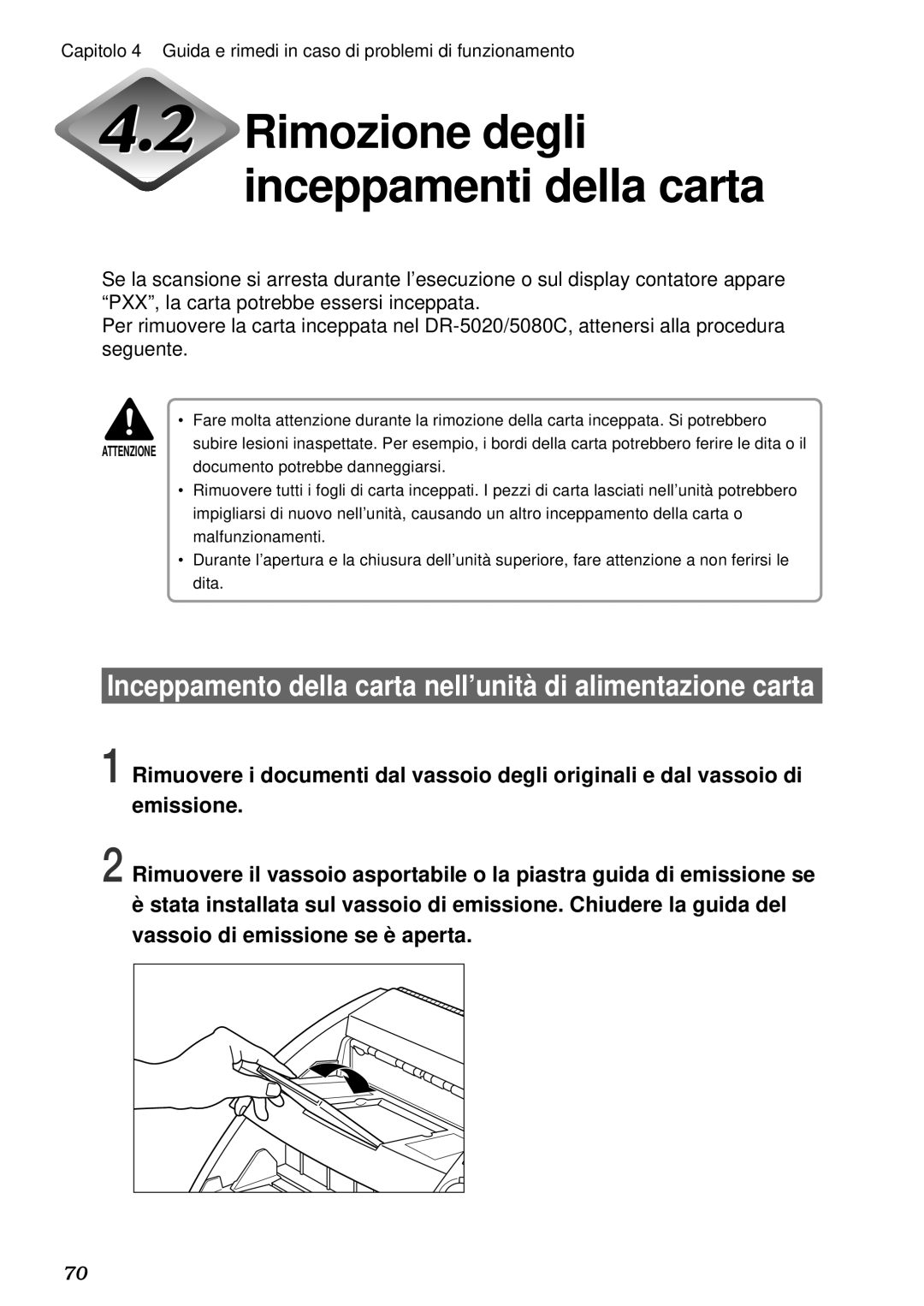 Canon DR-5020 manual Rimozione degli inceppamenti della carta, Inceppamento della carta nell’unità di alimentazione carta 