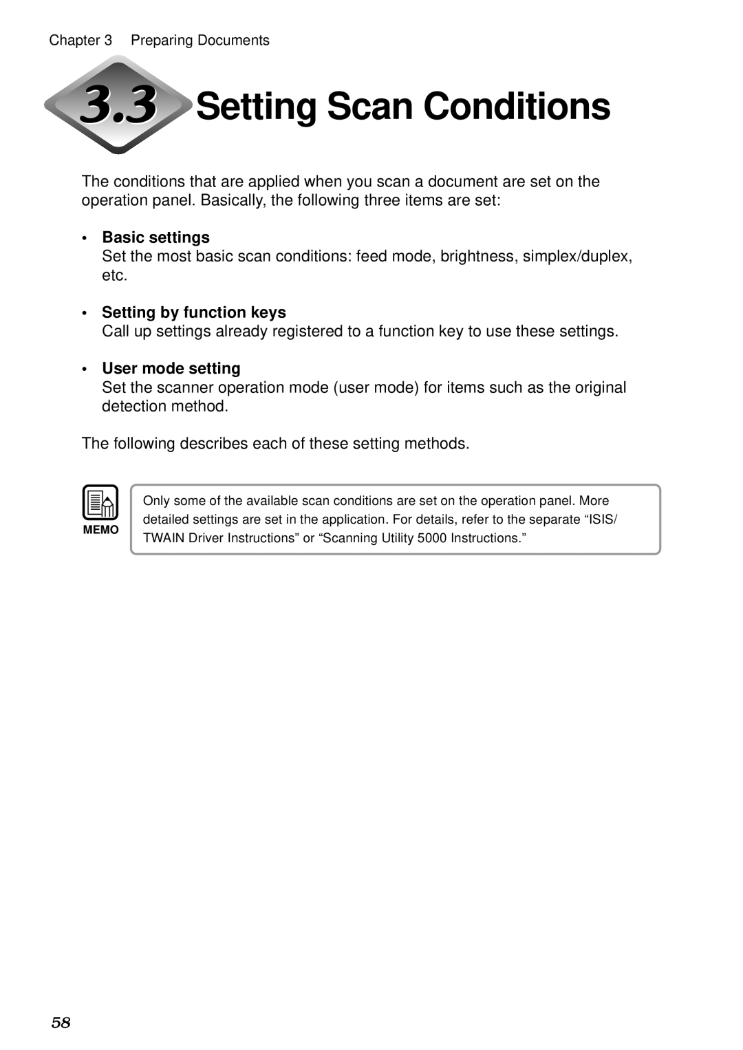 Canon DR-5020, DR-5080C manual Setting Scan Conditions, Basic settings, Setting by function keys, User mode setting 