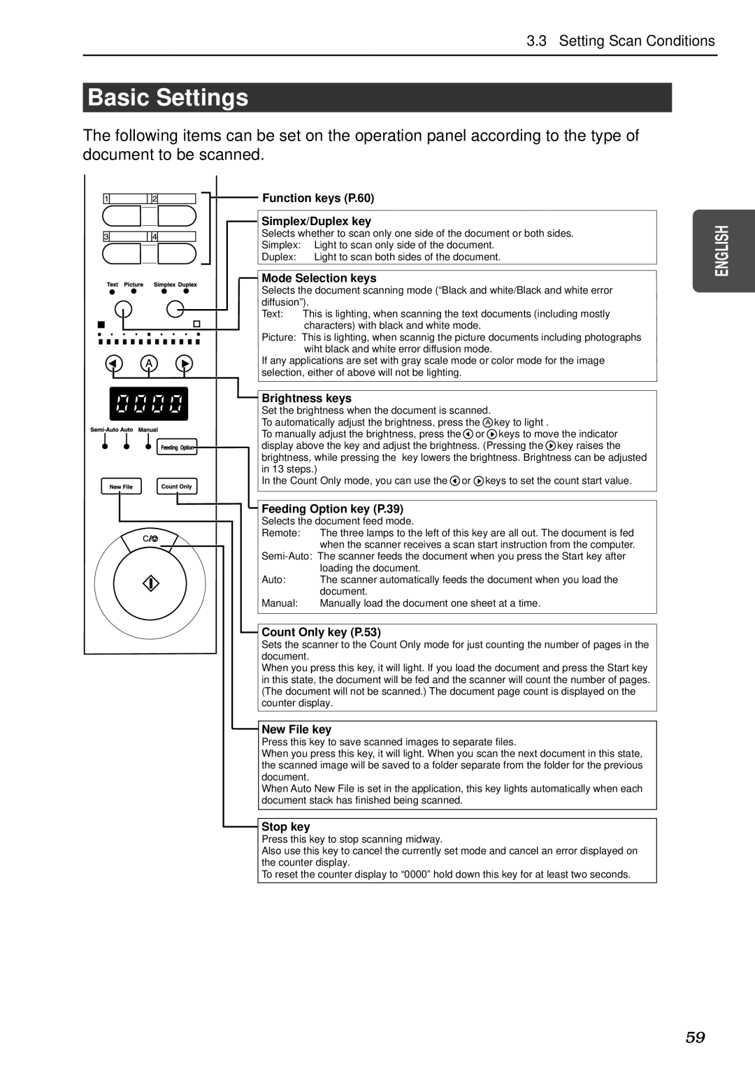 Canon DR-5080C, DR-5020 manual Basic Settings, Function keys P.60 Simplex/Duplex key 