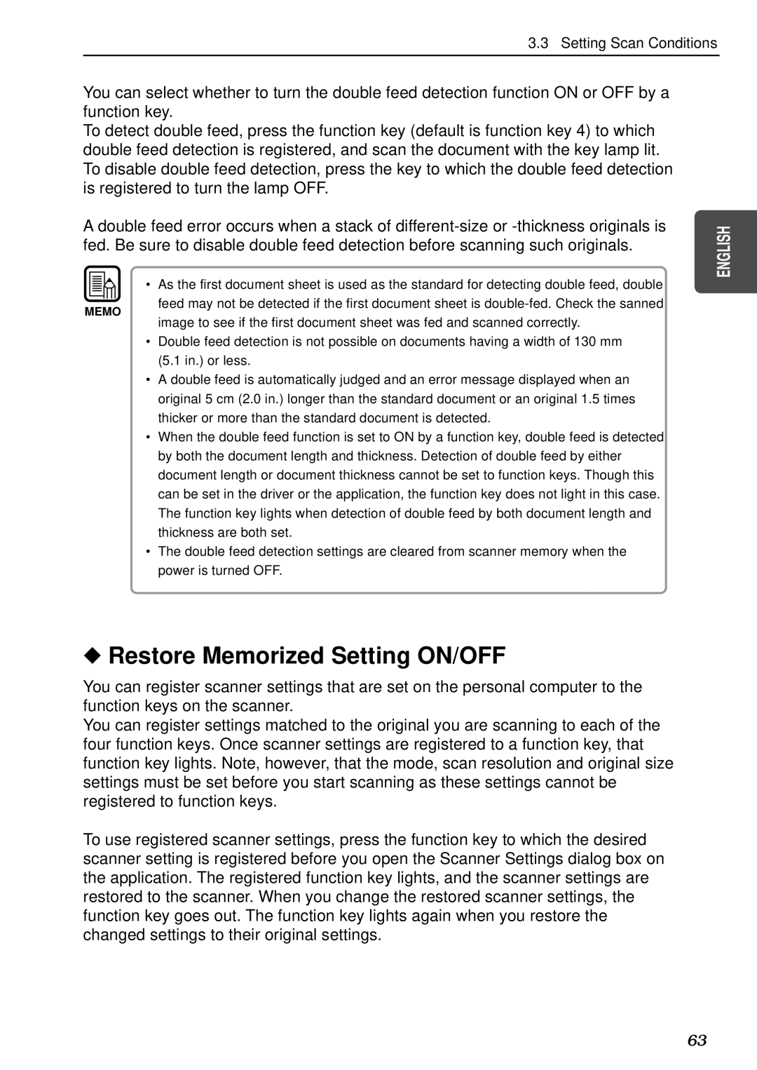 Canon DR-5080C, DR-5020 manual Restore Memorized Setting ON/OFF 