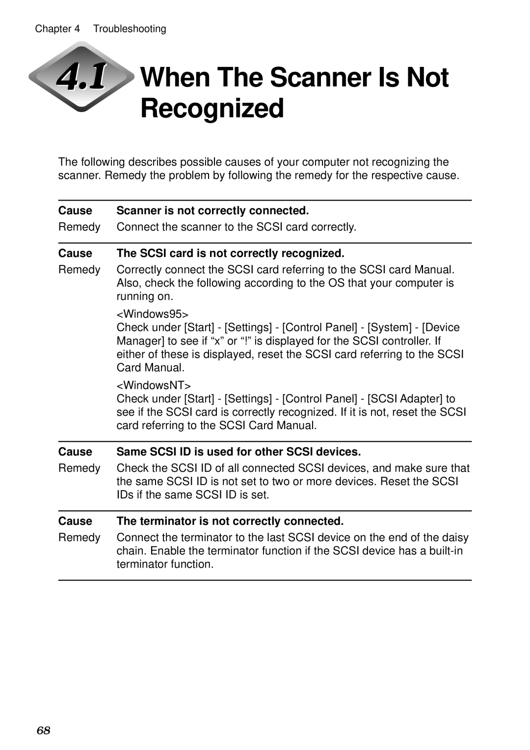 Canon DR-5020, DR-5080C manual When The Scanner Is Not Recognized, Cause Scanner is not correctly connected 