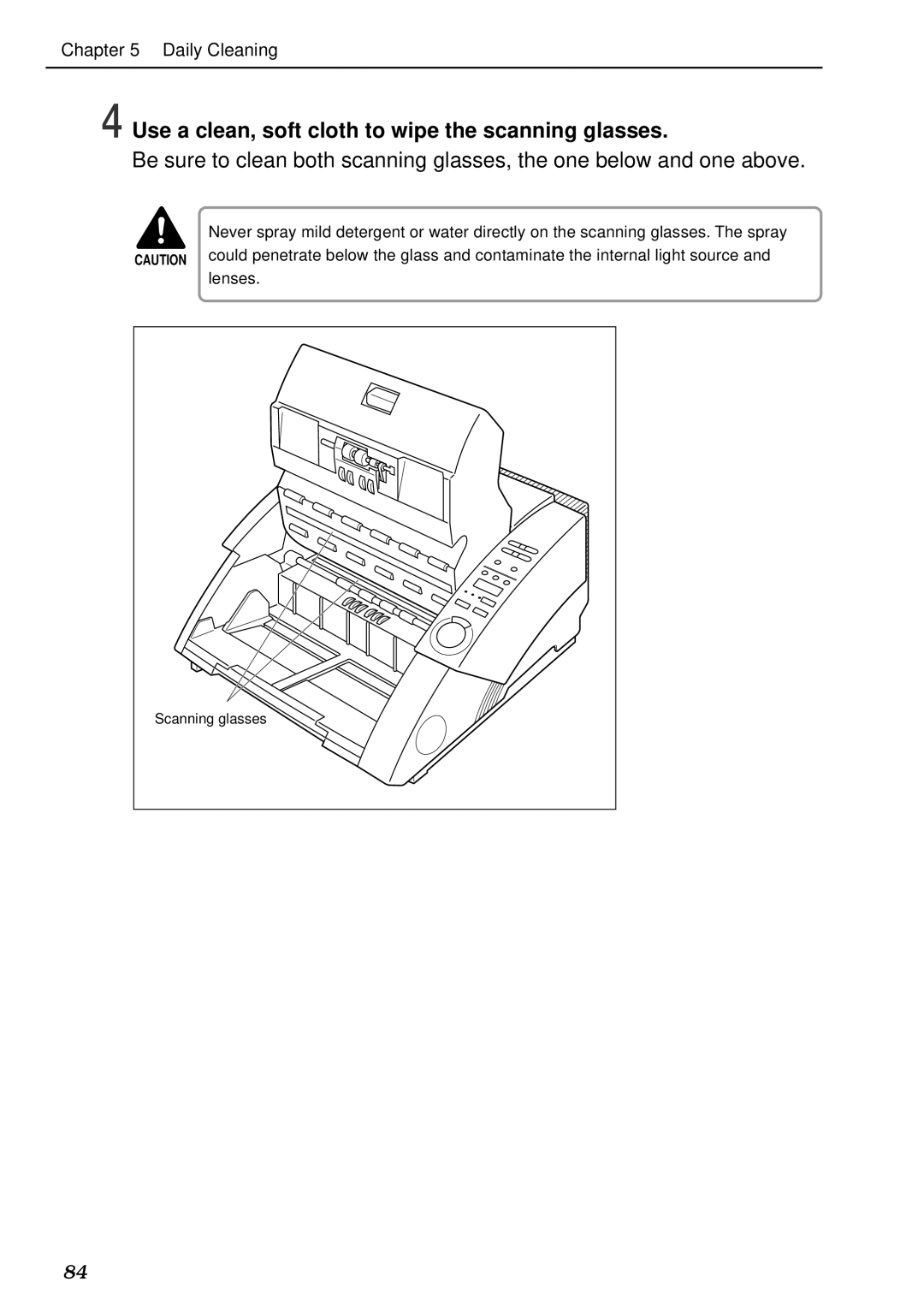 Canon DR-5020, DR-5080C manual Use a clean, soft cloth to wipe the scanning glasses 